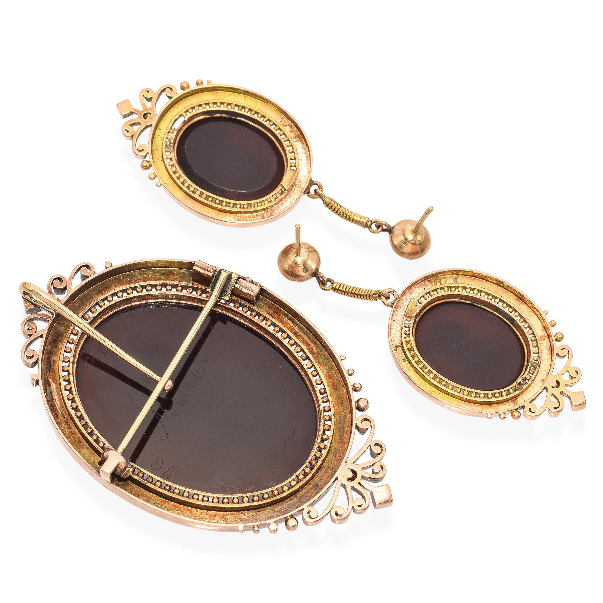 Uncut Antique 21K, 18K, 14K Rose Gold Agate Cameo Brooch Pendant & Earrings Set For Sale