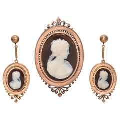 Antique 21K, 18K, 14K Rose Gold Agate Cameo Brooch Pendant & Earrings Set