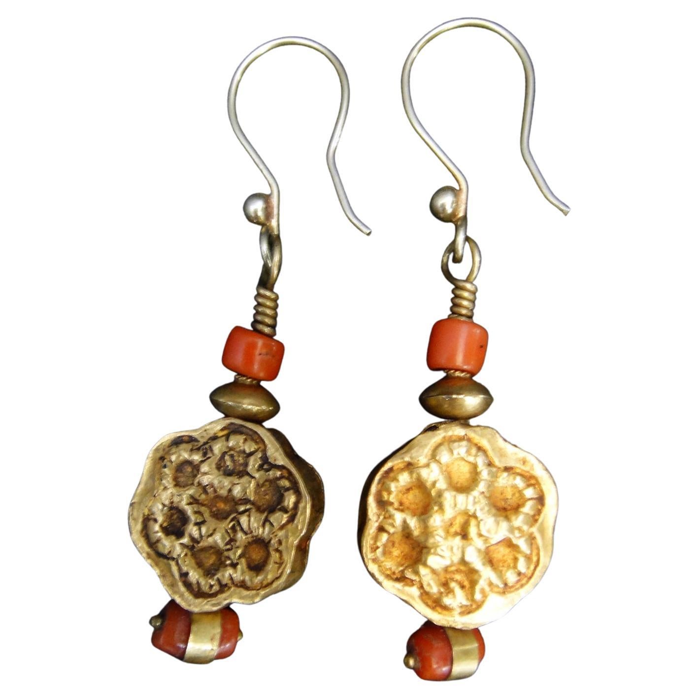 Antique 21k Gold Floral Earrings with Coral Accent Beads For Sale