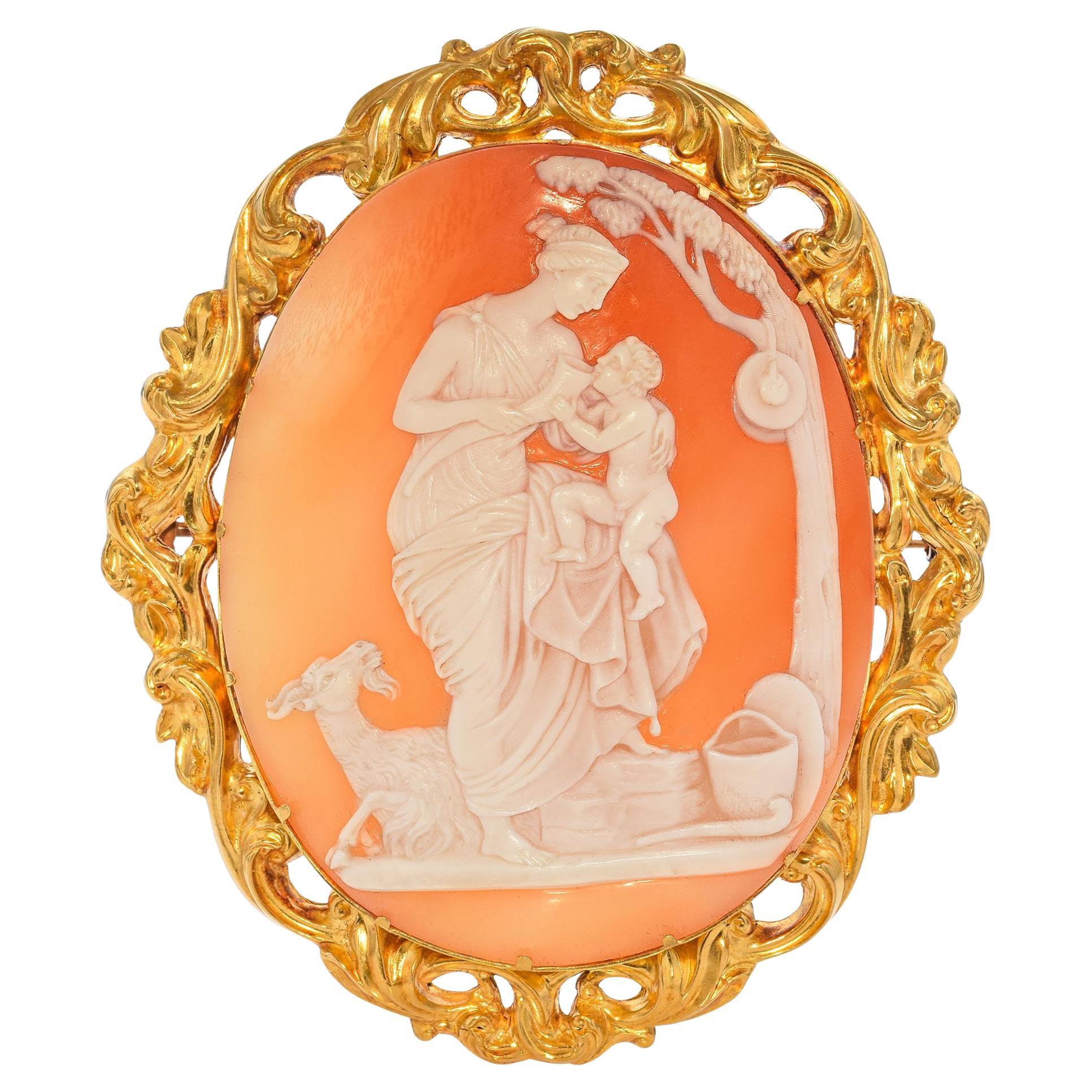 Antique 21k Yellow Gold Amalthea with Baby Zeus Cameo Brooch
