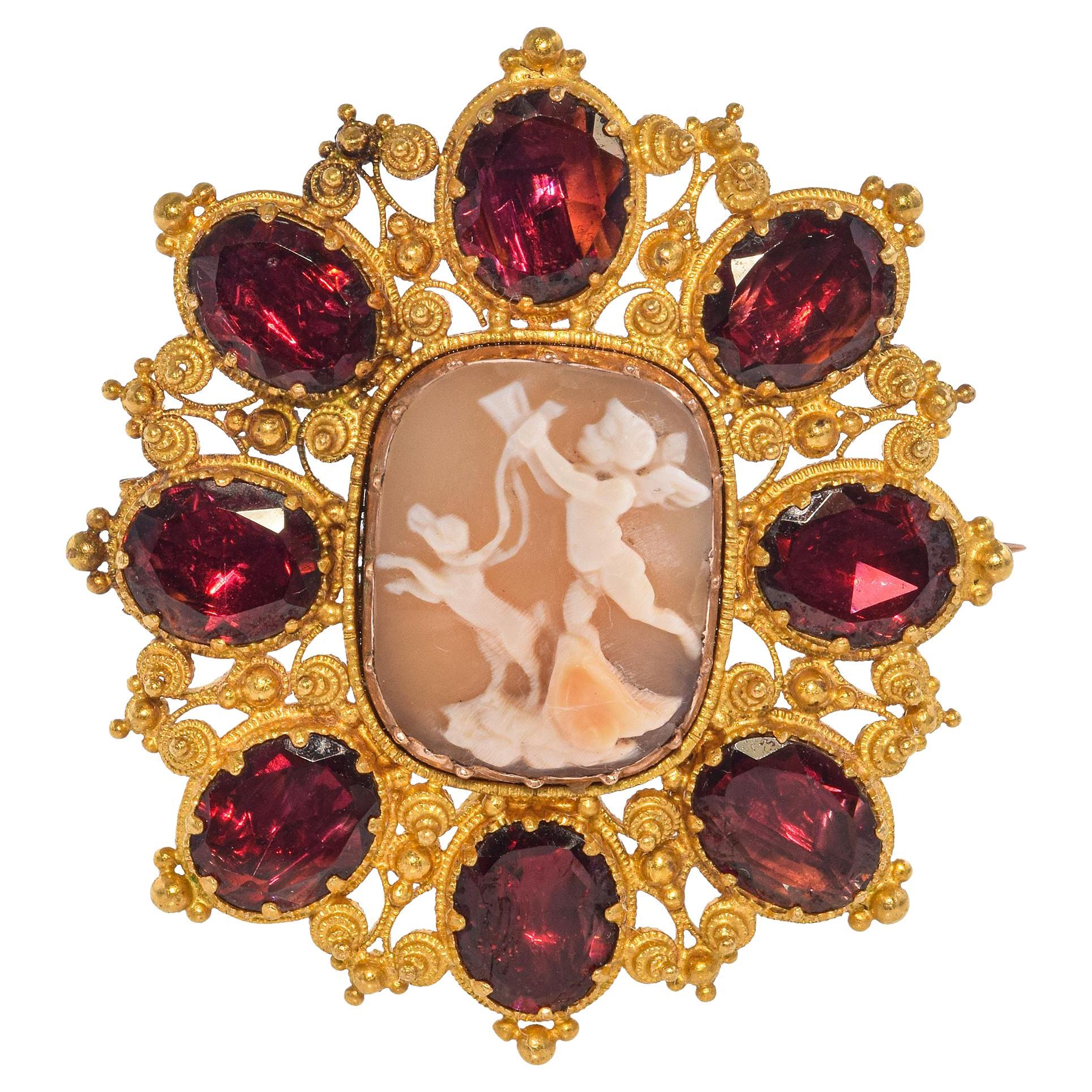 Antique 21k Yellow Gold Garnet Cupid with Cerberus Cameo Mourning Brooch