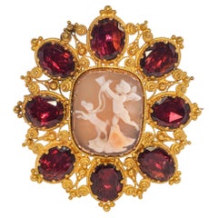 Antique 21k Yellow Gold Garnet Cupid with Cerberus Cameo Mourning Brooch