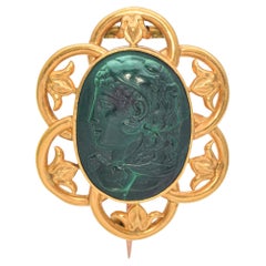 Antique 21K Yellow Gold Hercules Malachite Cameo Brooch