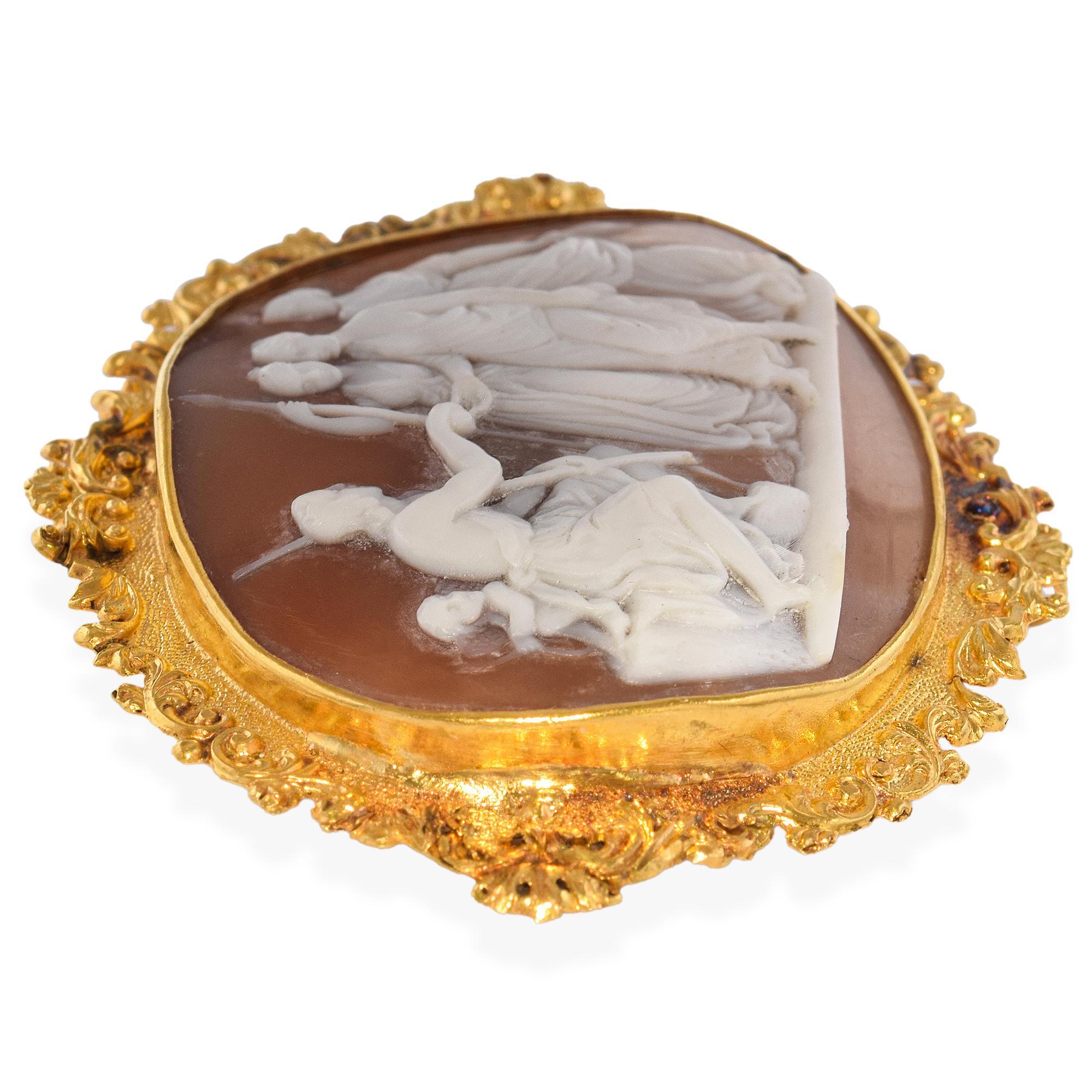 Victorian Antique 21K Yellow Gold Judgement of Paris Cameo Brooch For Sale