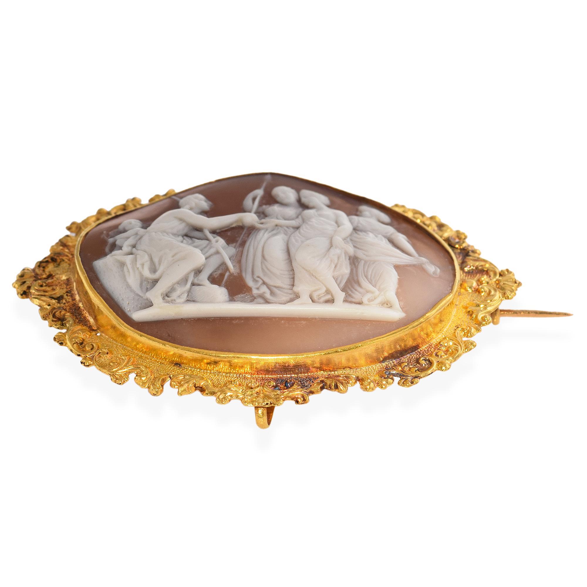 Women's Antique 21K Yellow Gold Judgement of Paris Cameo Brooch For Sale