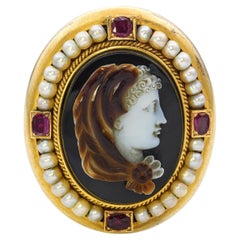 Antiguo oro amarillo 21k Rubíes y perlas Onfalia Reina de Lidia Camafeo de piedra dura