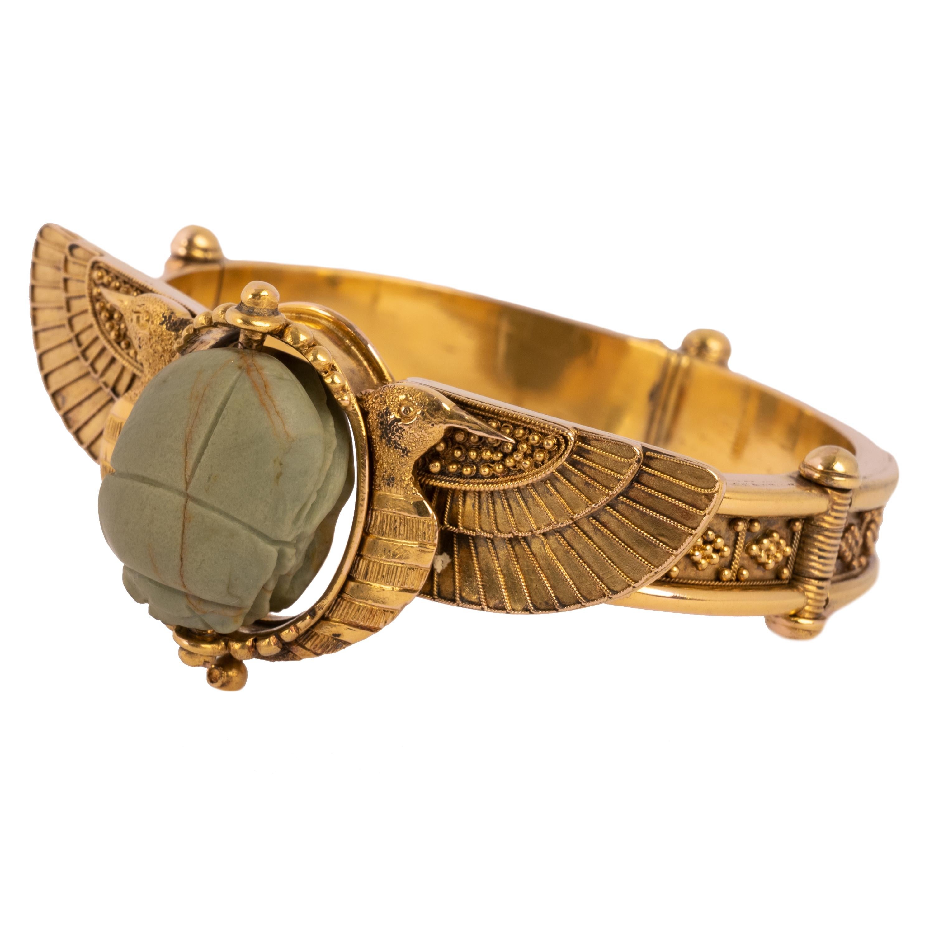 Antique 22 Karat Gold Egyptian Etruscan Revival Scarab Beetle Bracelet 1870 For Sale 4