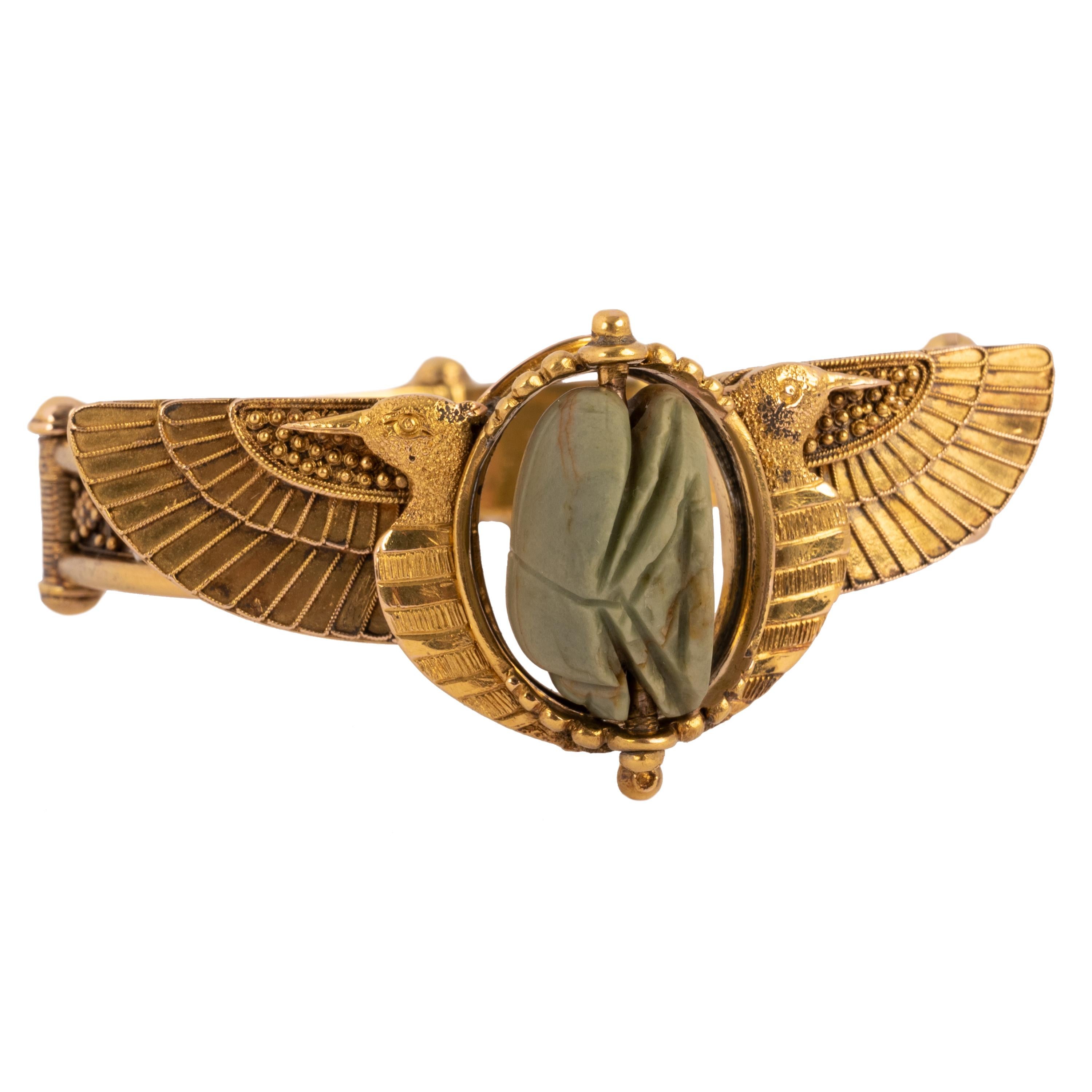 Egyptian Revival Antique 22 Karat Gold Egyptian Etruscan Revival Scarab Beetle Bracelet 1870 For Sale