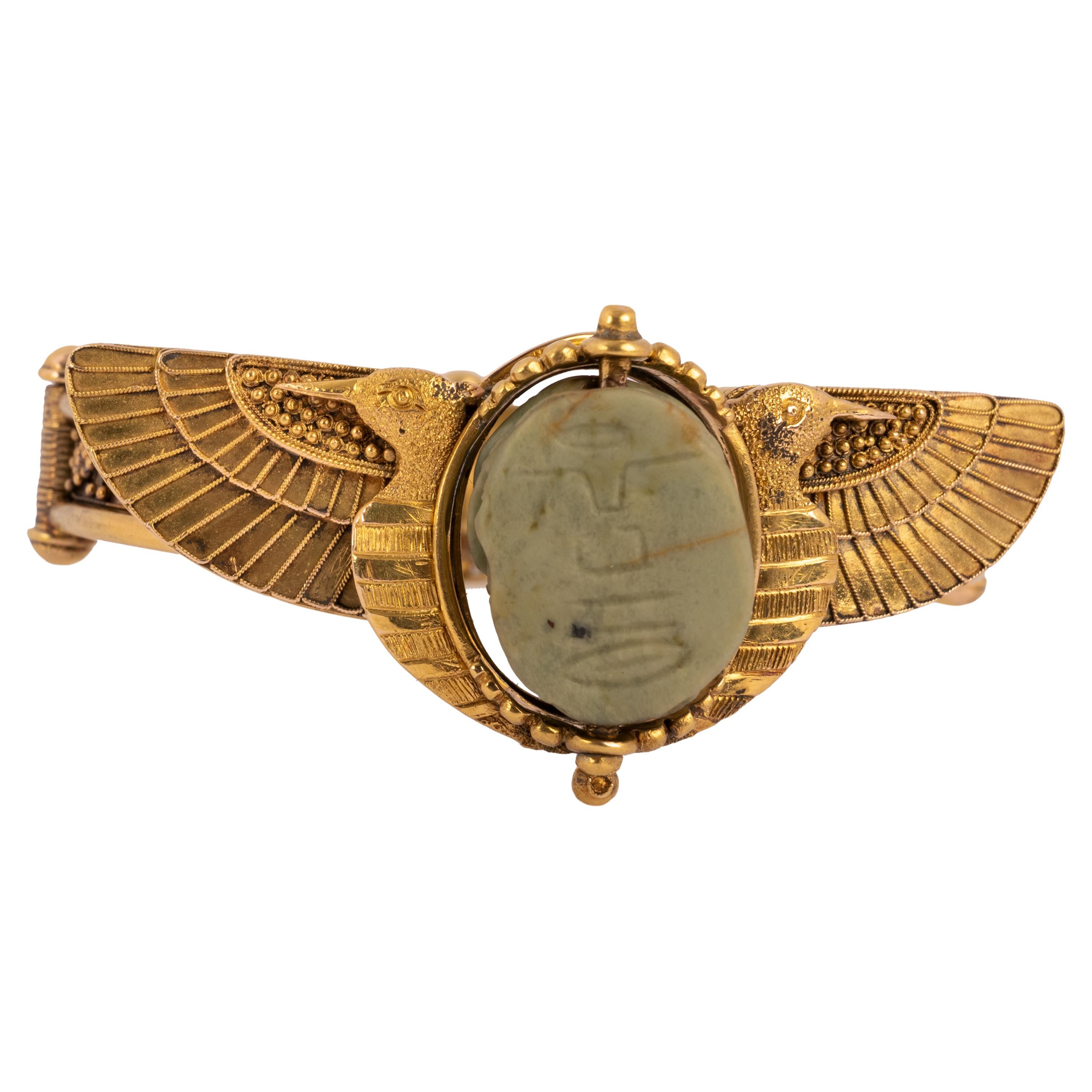 French Antique 22 Karat Gold Egyptian Etruscan Revival Scarab Beetle Bracelet 1870 For Sale