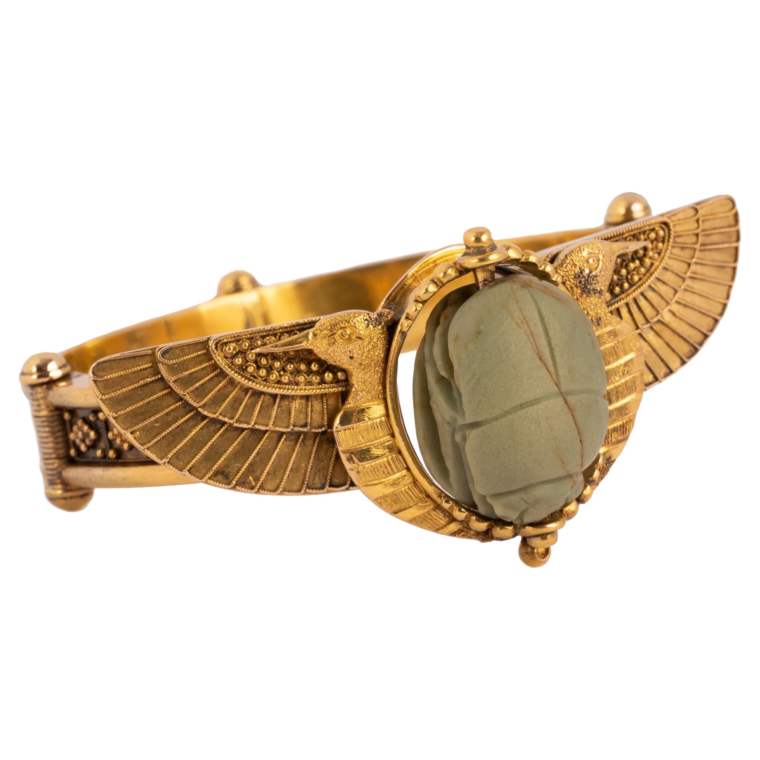 Antique 22 Karat Gold Egyptian Etruscan Revival Scarab Beetle Bracelet 1870 In Good Condition For Sale In Portland, OR