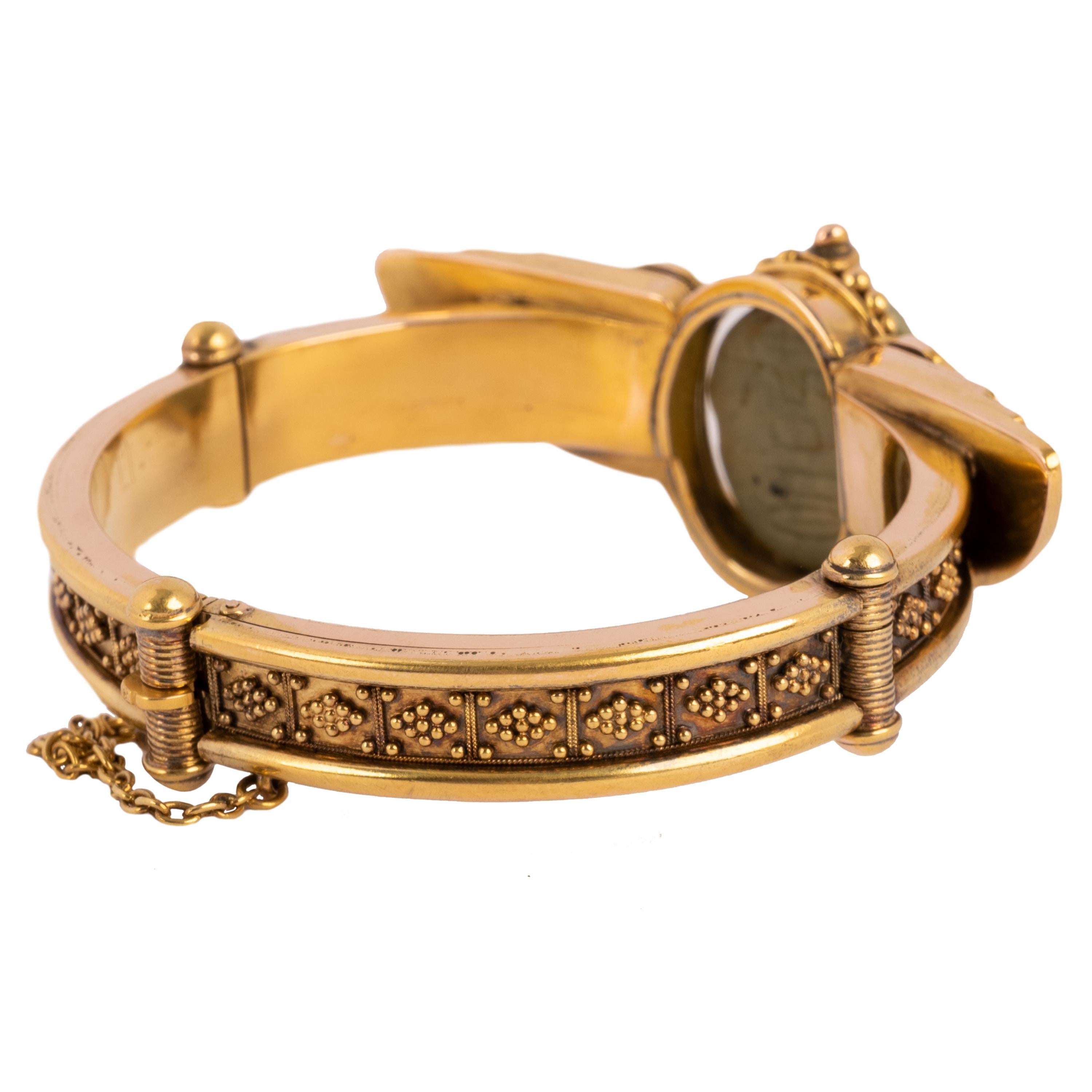 Late 19th Century Antique 22 Karat Gold Egyptian Etruscan Revival Scarab Beetle Bracelet 1870 For Sale