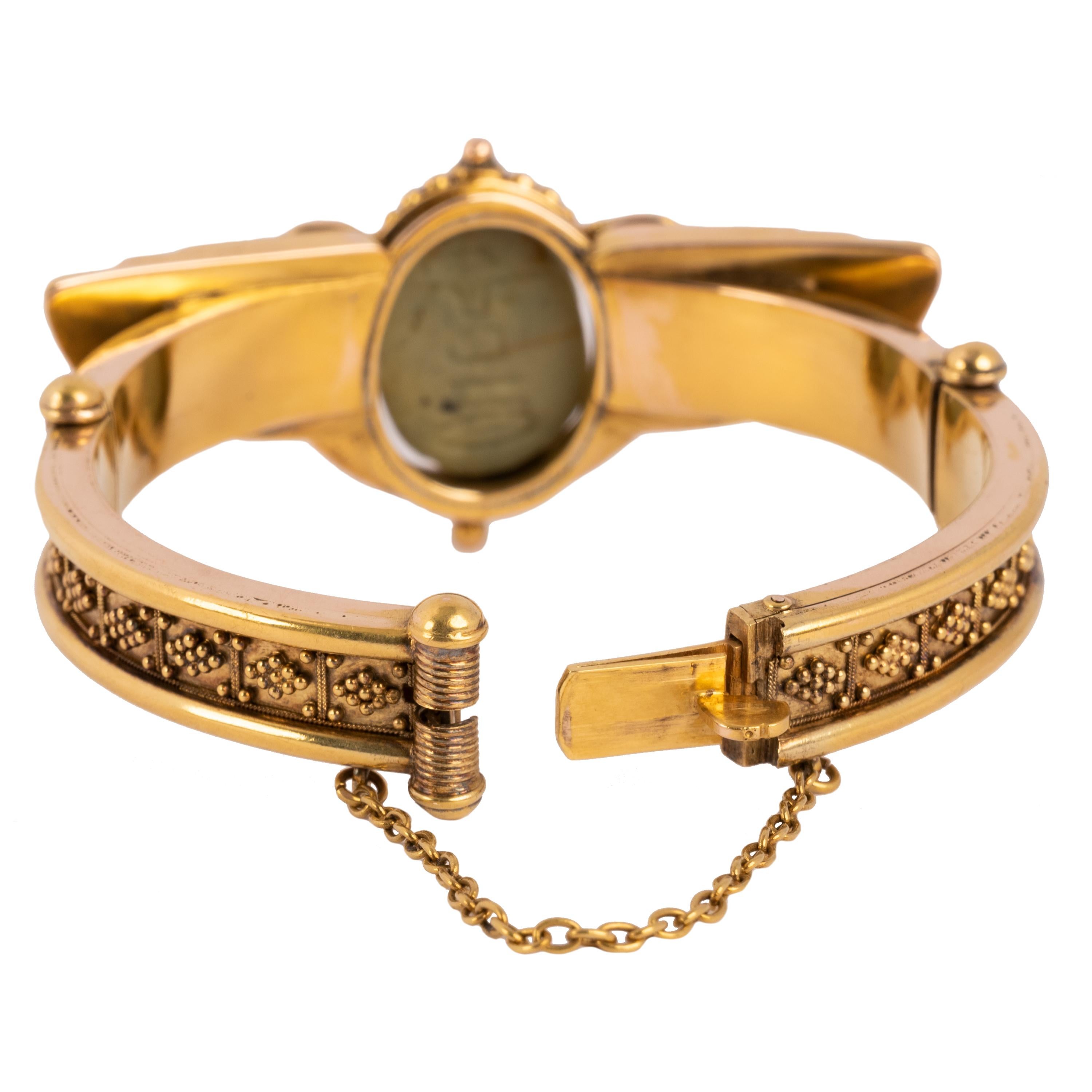 Antique 22 Karat Gold Egyptian Etruscan Revival Scarab Beetle Bracelet 1870 For Sale 1