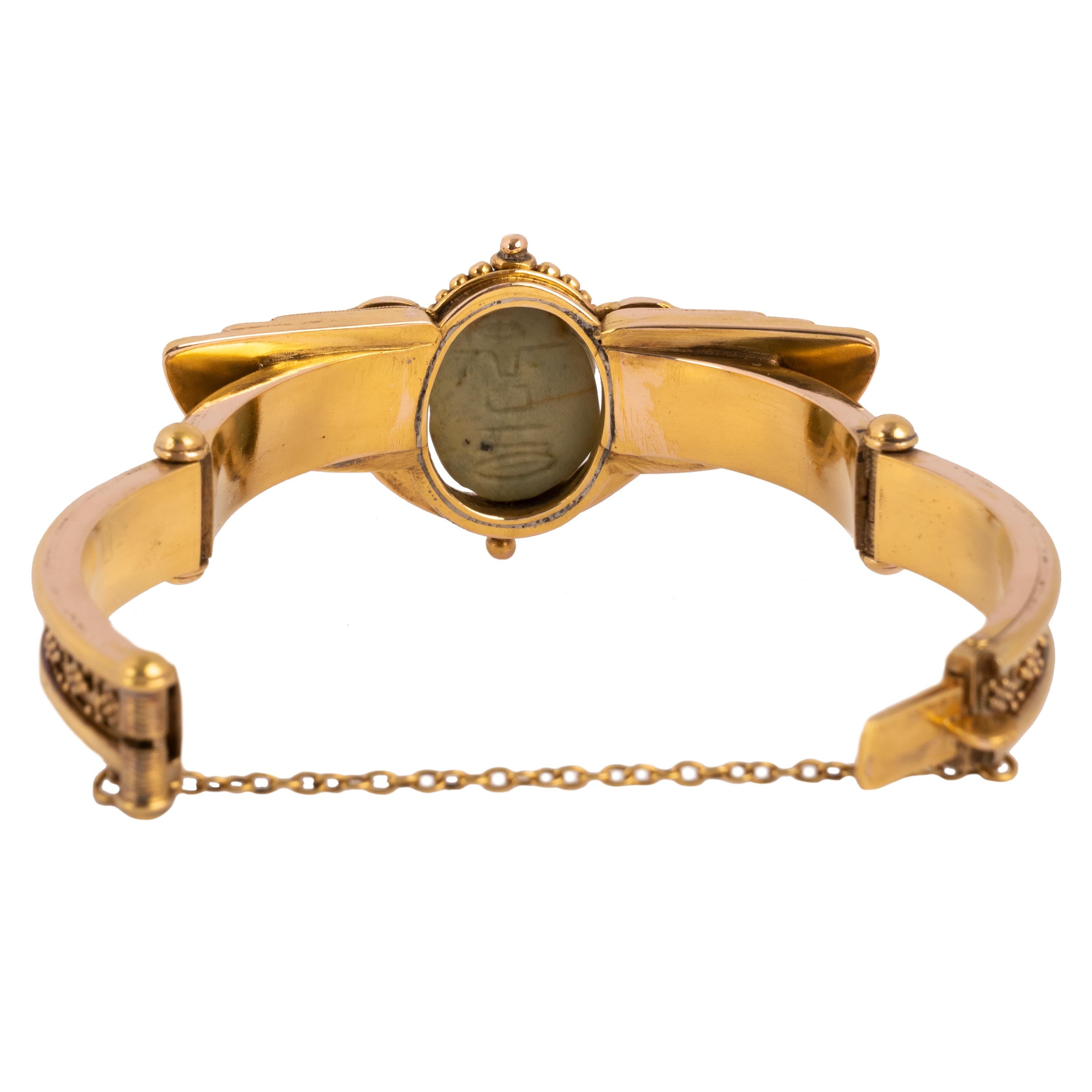 Antique 22 Karat Gold Egyptian Etruscan Revival Scarab Beetle Bracelet 1870 For Sale 2