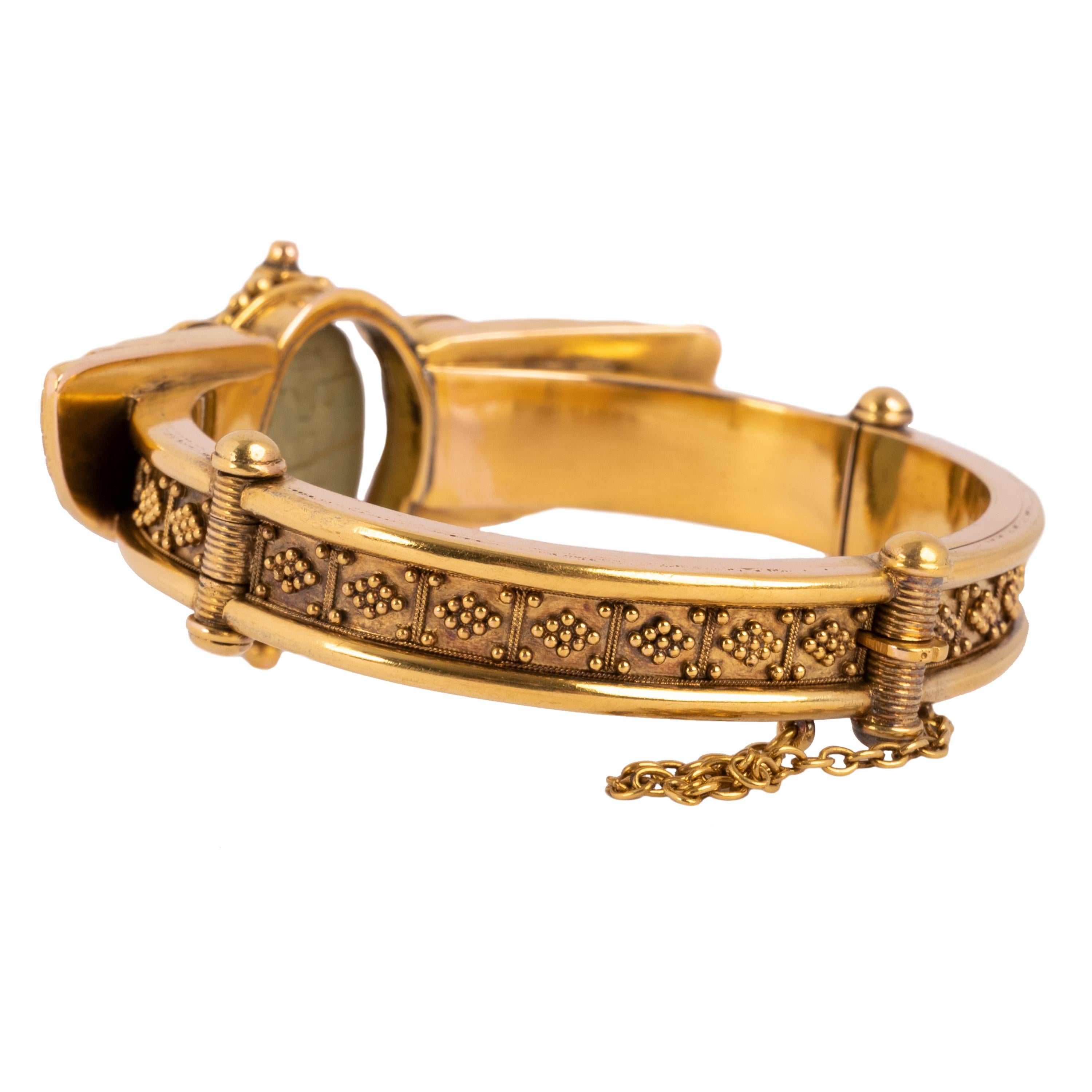 Antique 22 Karat Gold Egyptian Etruscan Revival Scarab Beetle Bracelet 1870 For Sale 3