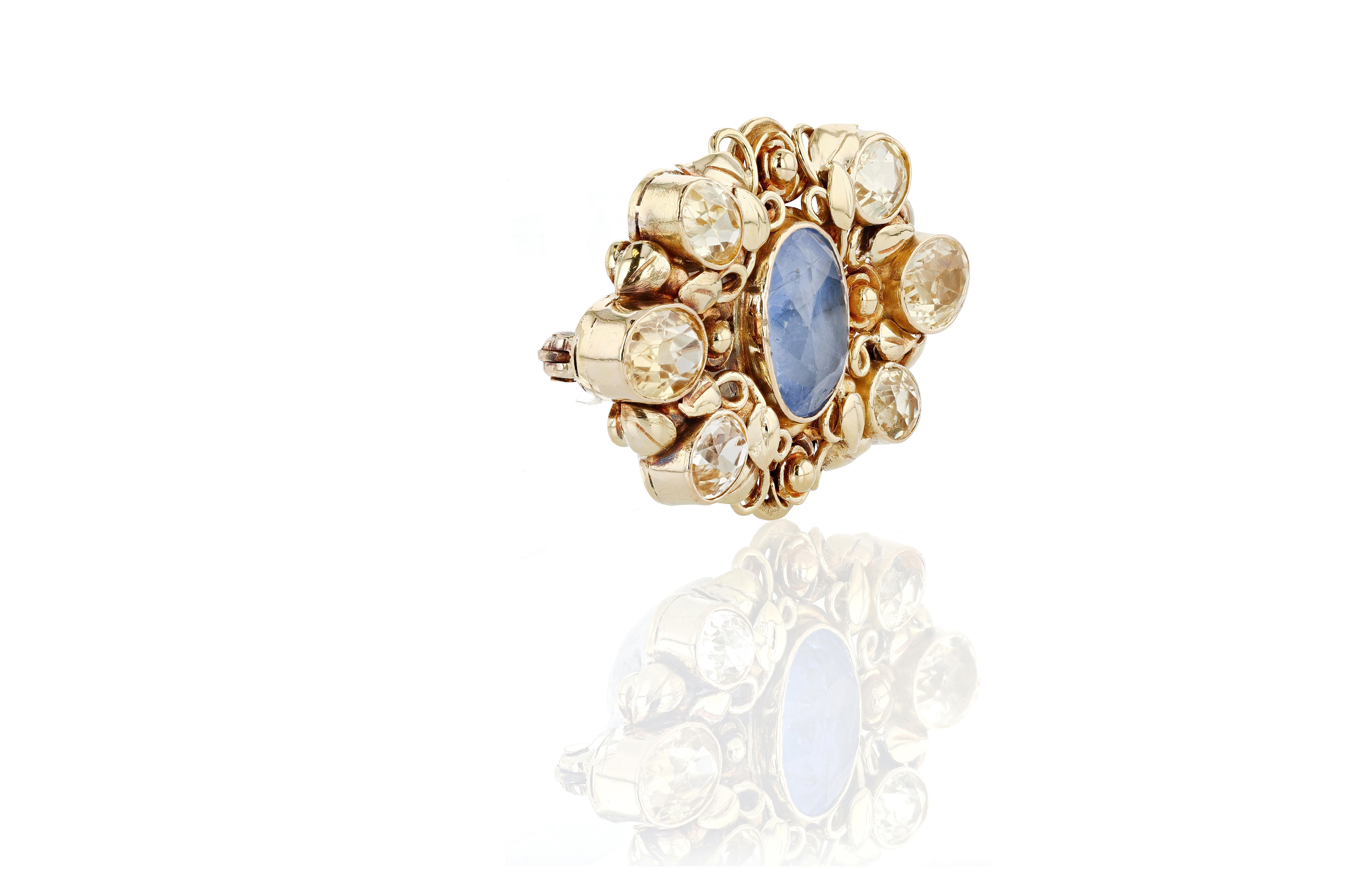 Art Deco Antique 22 Karat Gold, Multi-Colored Sapphire, and Citrine Brooch For Sale