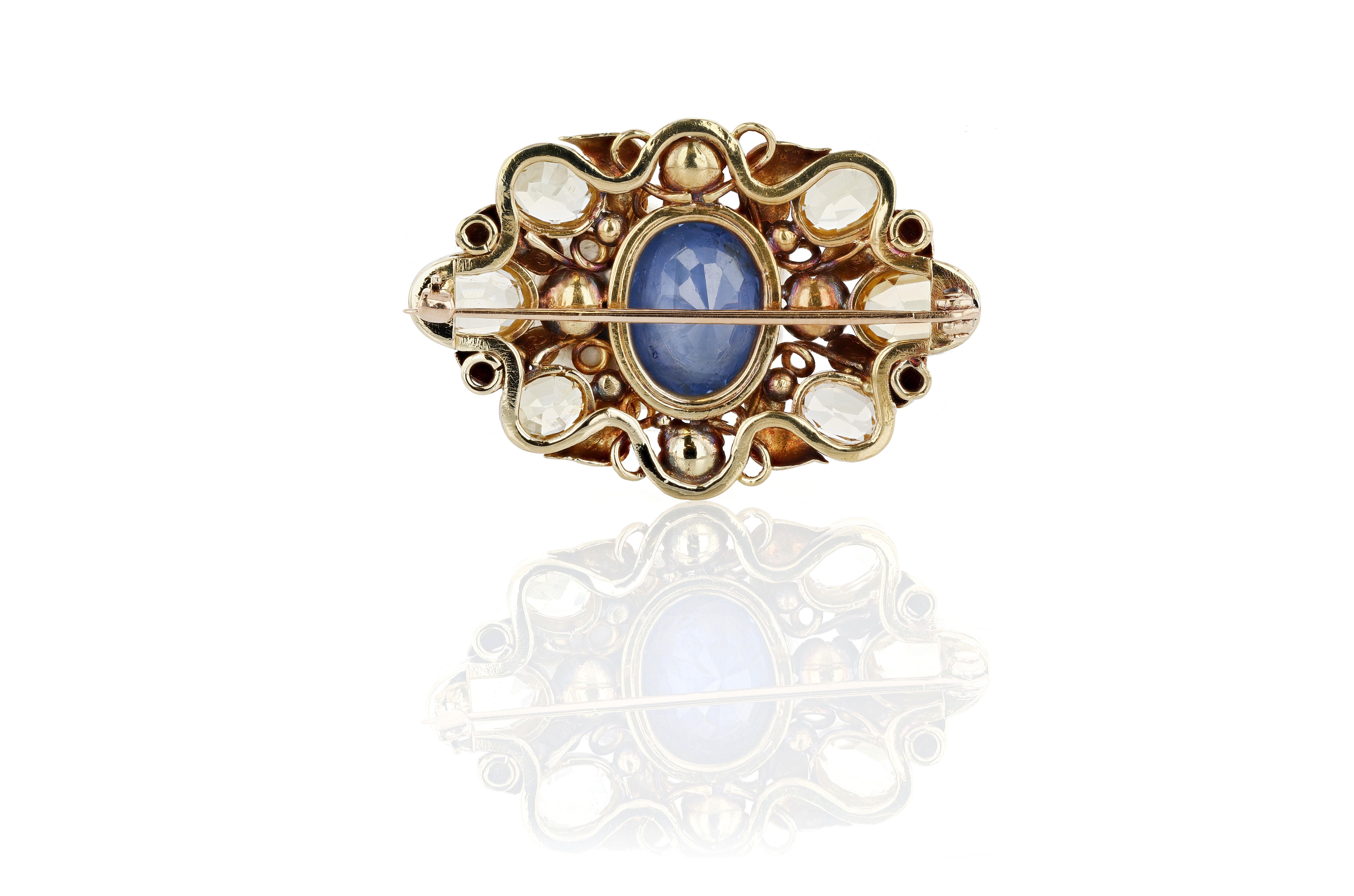 Oval Cut Antique 22 Karat Gold, Multi-Colored Sapphire, and Citrine Brooch For Sale