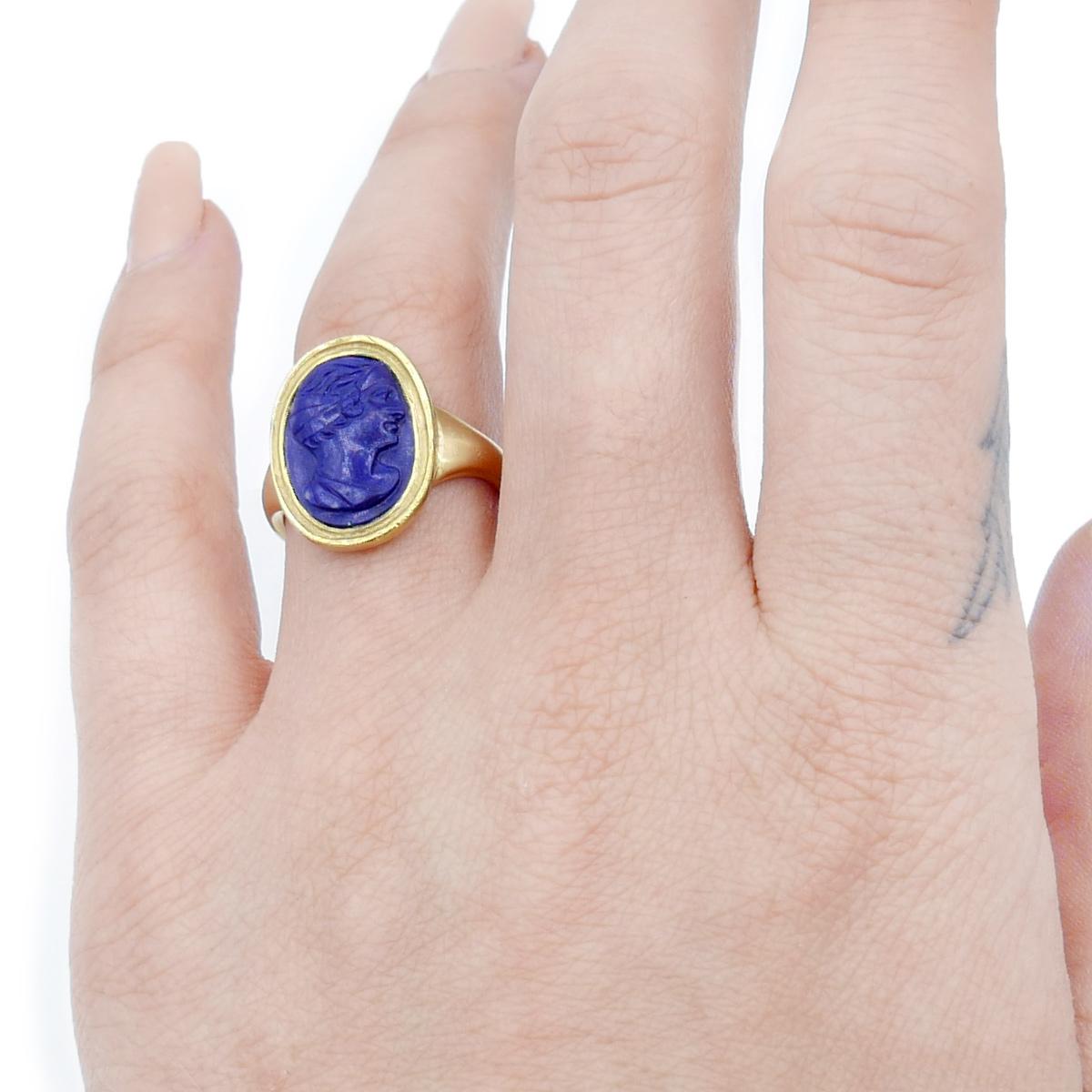 Antique 22k Yellow Gold Carved Lapis Cameo Ring Depicting Apollo, 18th Century Carving set in a later 22 karat yellow gold mounting.
Size 6.5