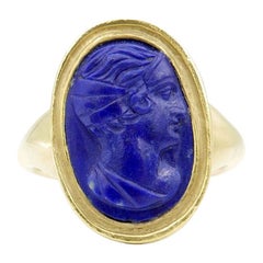 Antique 22 Karat Yellow Gold Carved Lapis Cameo Ring Depicting Apollo