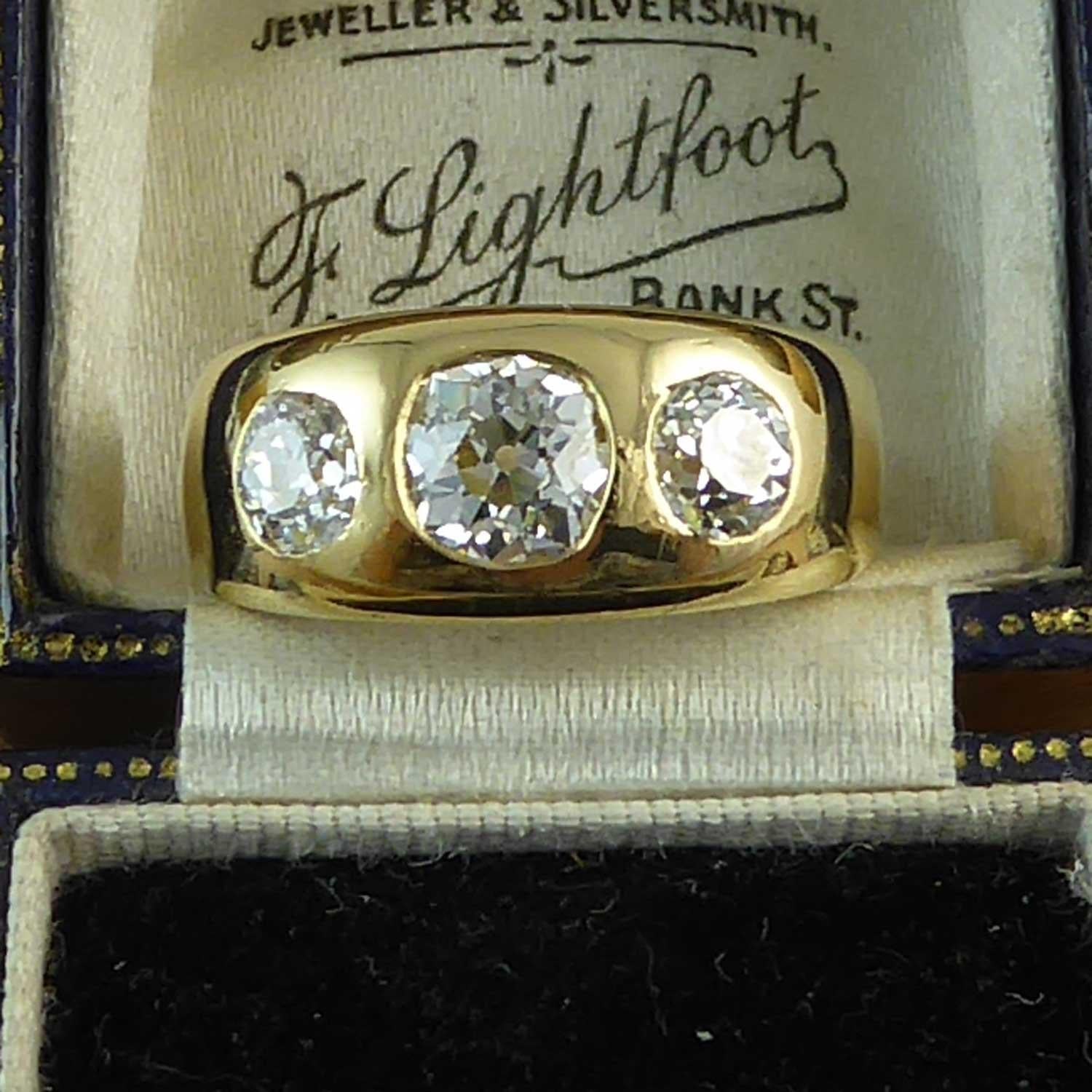 Women's or Men's Antique 2.20 Carat Victorian Diamond Three Stone Ring, circa 1886, Yellow Gold