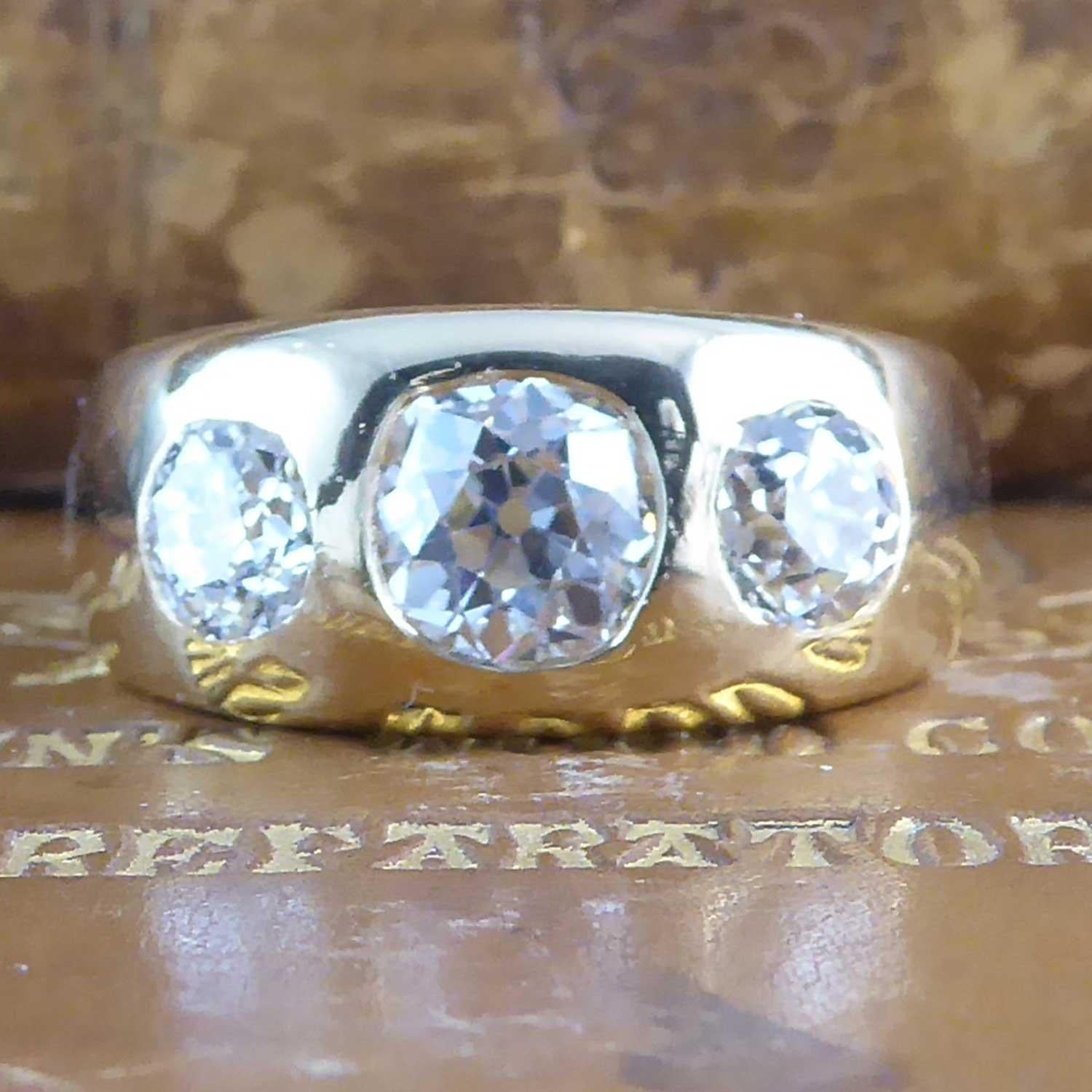 Antique 2.20 Carat Victorian Diamond Three Stone Ring, circa 1886, Yellow Gold 1
