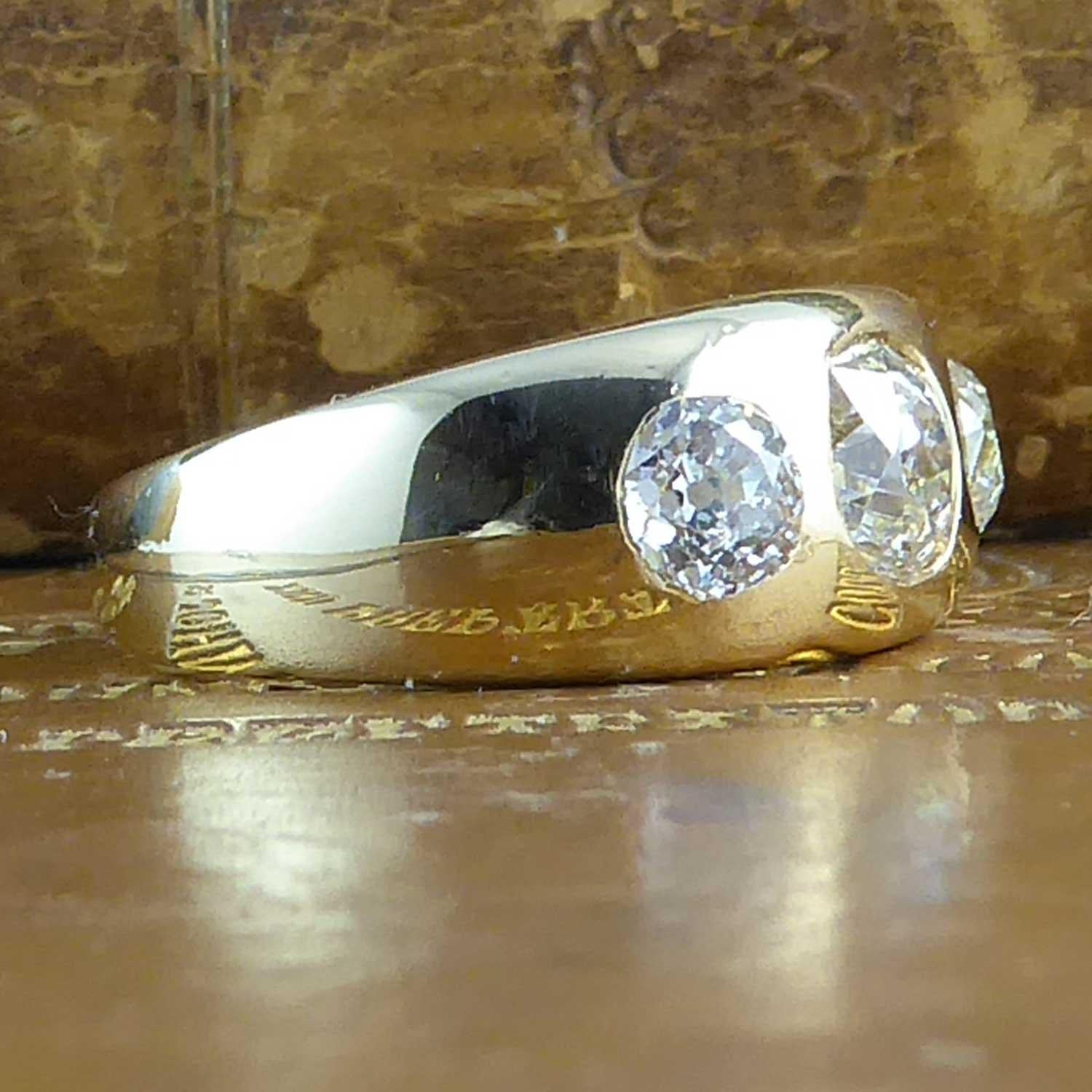 Antique 2.20 Carat Victorian Diamond Three Stone Ring, circa 1886, Yellow Gold 2