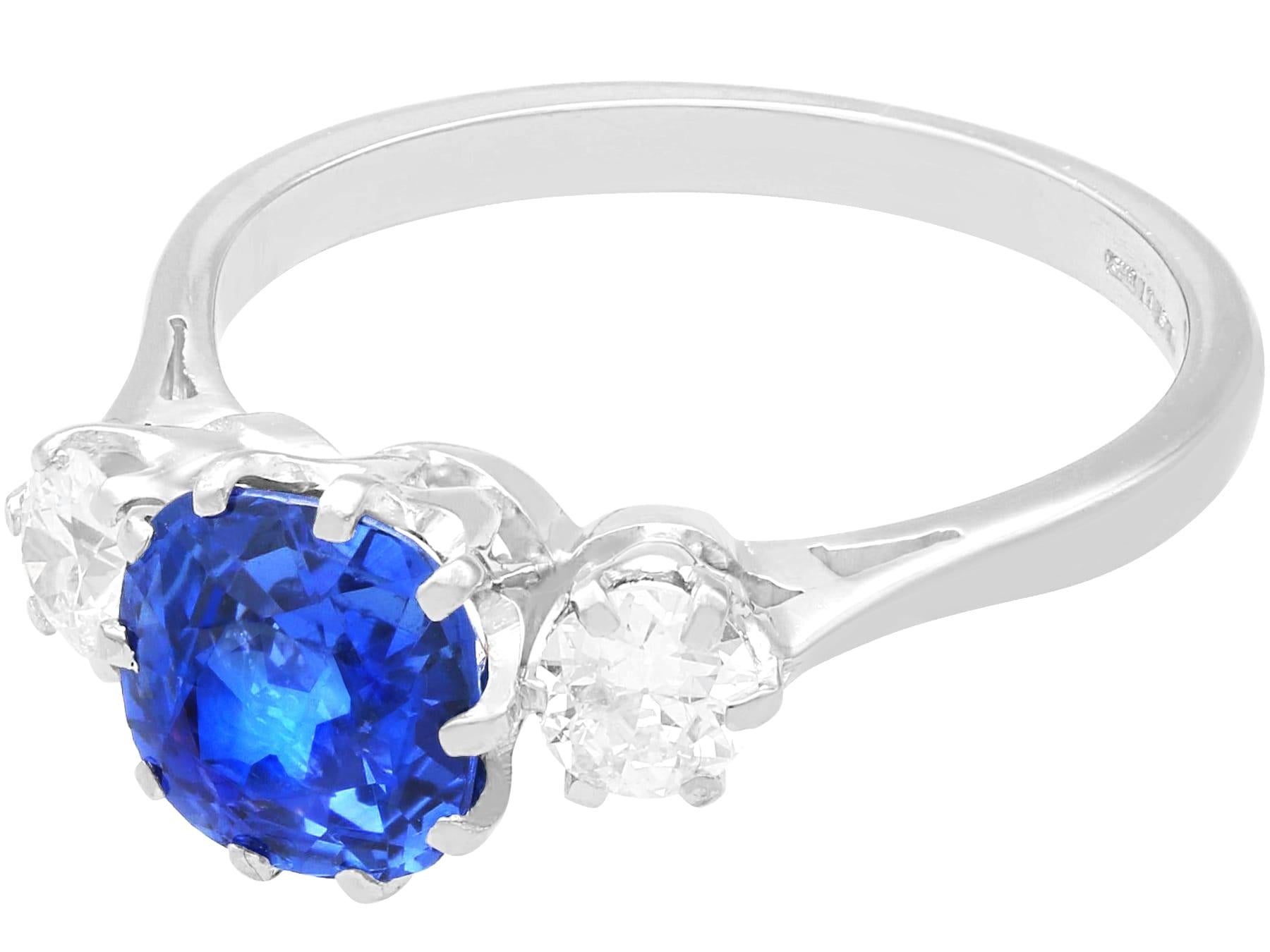 Antique Cushion Cut Antique 2.20ct Sapphire and 0.72ct Diamond, 18ct White Gold Trilogy Ring For Sale