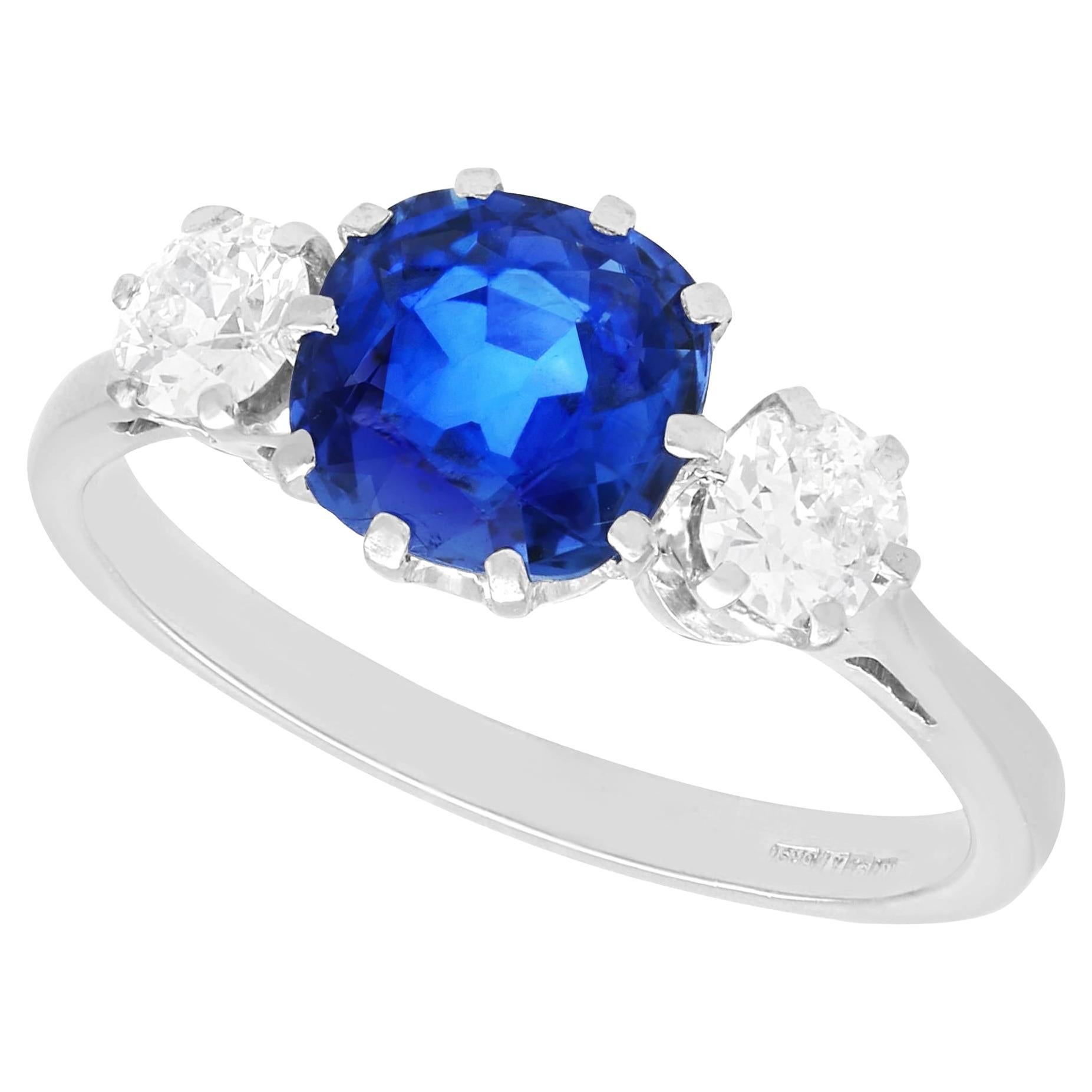 Antique 2.20ct Sapphire and 0.72ct Diamond, 18ct White Gold Trilogy Ring For Sale