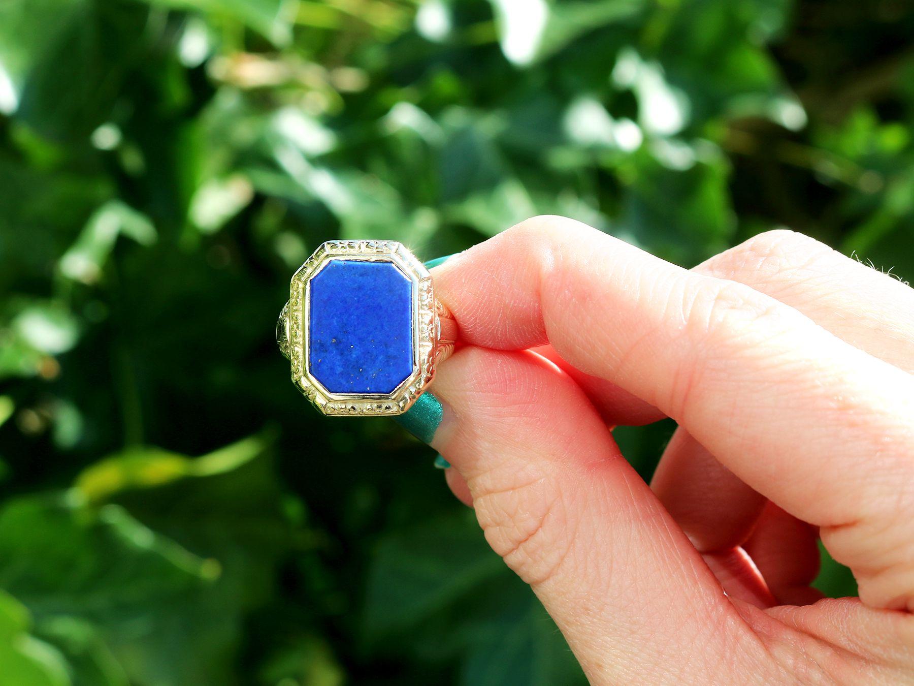 An exceptional, fine and impressive 2.21 Carat lapis lazuli and 14 karat yellow gold signet ring; part of our diverse antique jewelry and estate jewelry collections.

This exceptional, fine and impressive antique ring has been crafted in 14k yellow