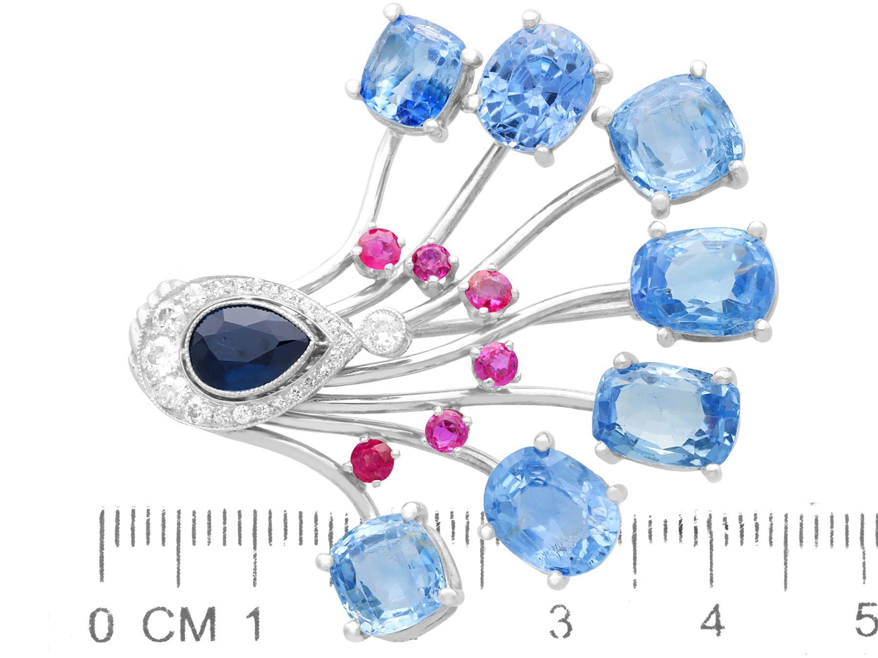 Antique 22.27 Ct Ceylon Sapphire 1.01 Ct Sapphire Ruby Diamond Palladium Brooch For Sale 2