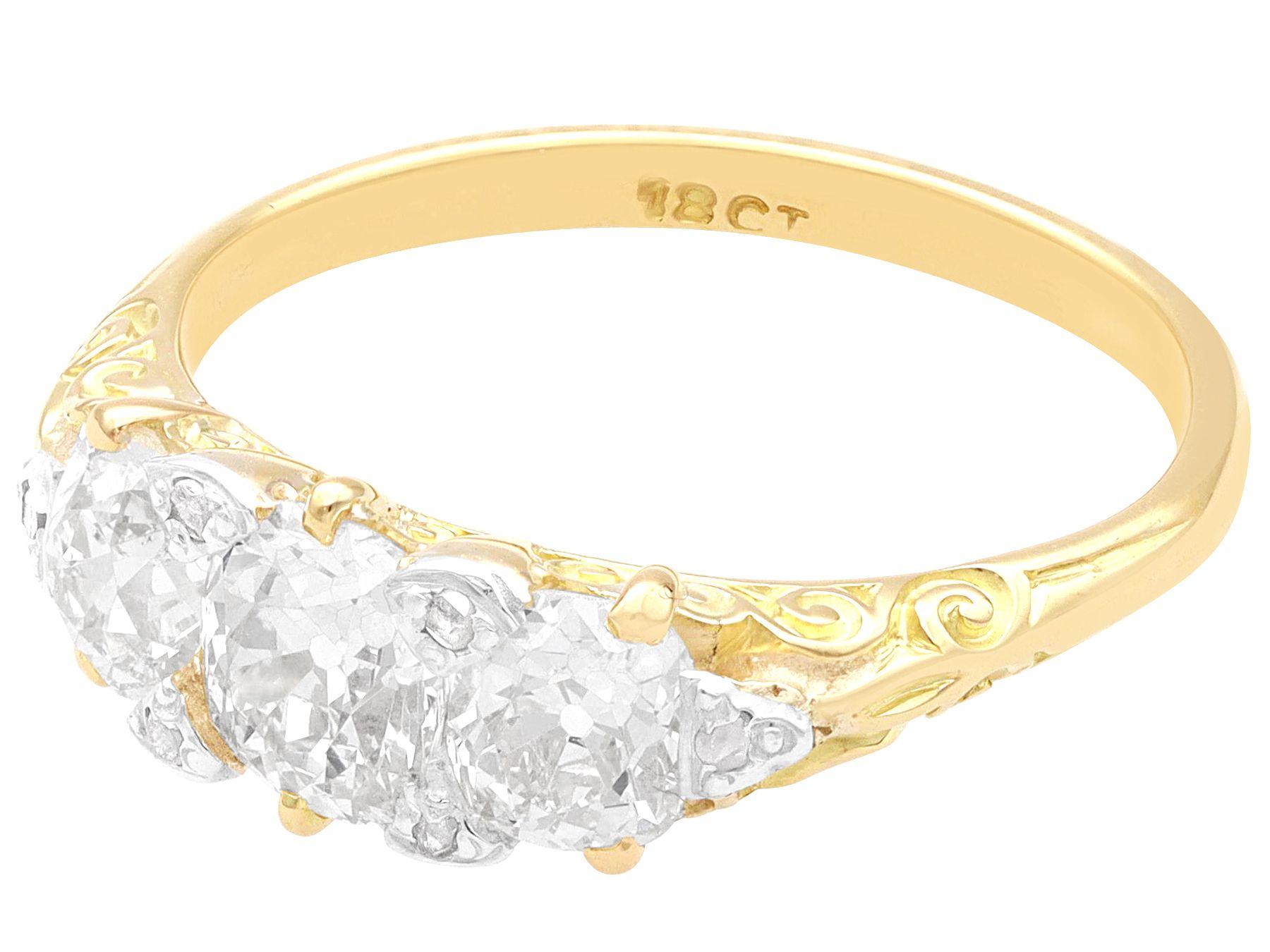 Round Cut Antique 2.23 Carat Diamond and 18k Yellow Gold Trilogy Ring, circa 1900 For Sale