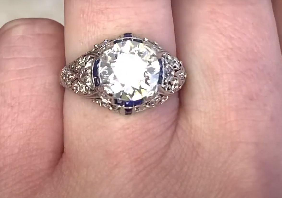 Art Deco Antique 2.24ct Old Euro-Cut Diamond Engagement Ring, Sapphire Halo, circa 1925 For Sale