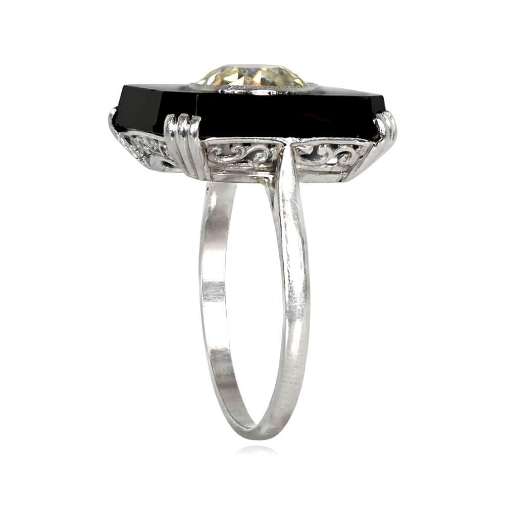 Art Deco Antique 2.25 Old Euro-Cut Diamond Ring, Onyx Halo, Platinum, circa 1920 For Sale