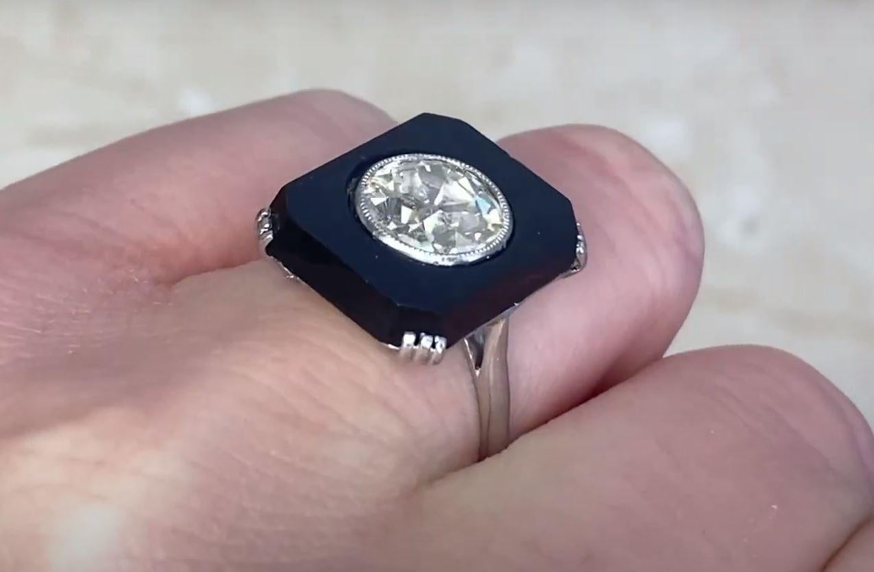 Women's Antique 2.25 Old Euro-Cut Diamond Ring, Onyx Halo, Platinum, circa 1920 For Sale