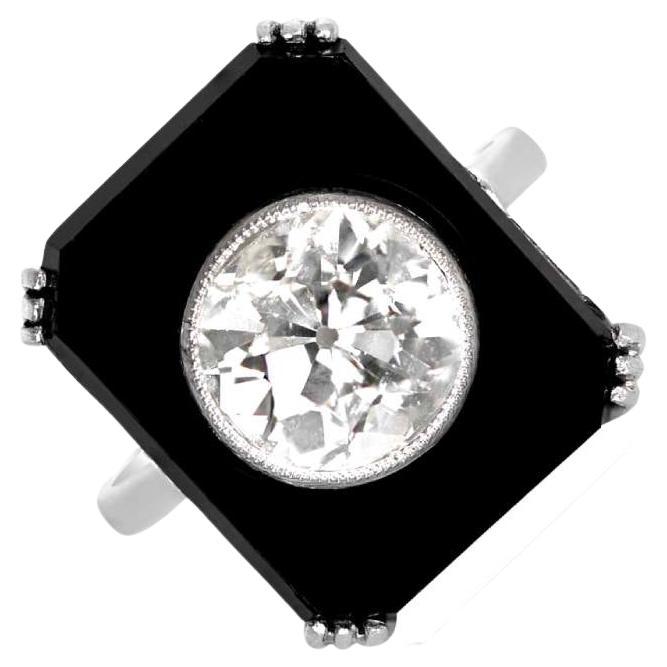 Antiker Diamantring mit 2,25 Diamant im alten Euroschliff, Onyx-Halo, Platin, um 1920