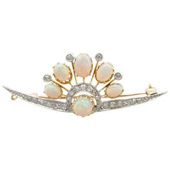 Antique 2.28 Carat Cabochon Cut Opal and Diamond Yellow Gold Brooch