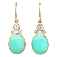 Antique 2.28 Carat Turquoise and Diamond Yellow Gold Drop Earrings