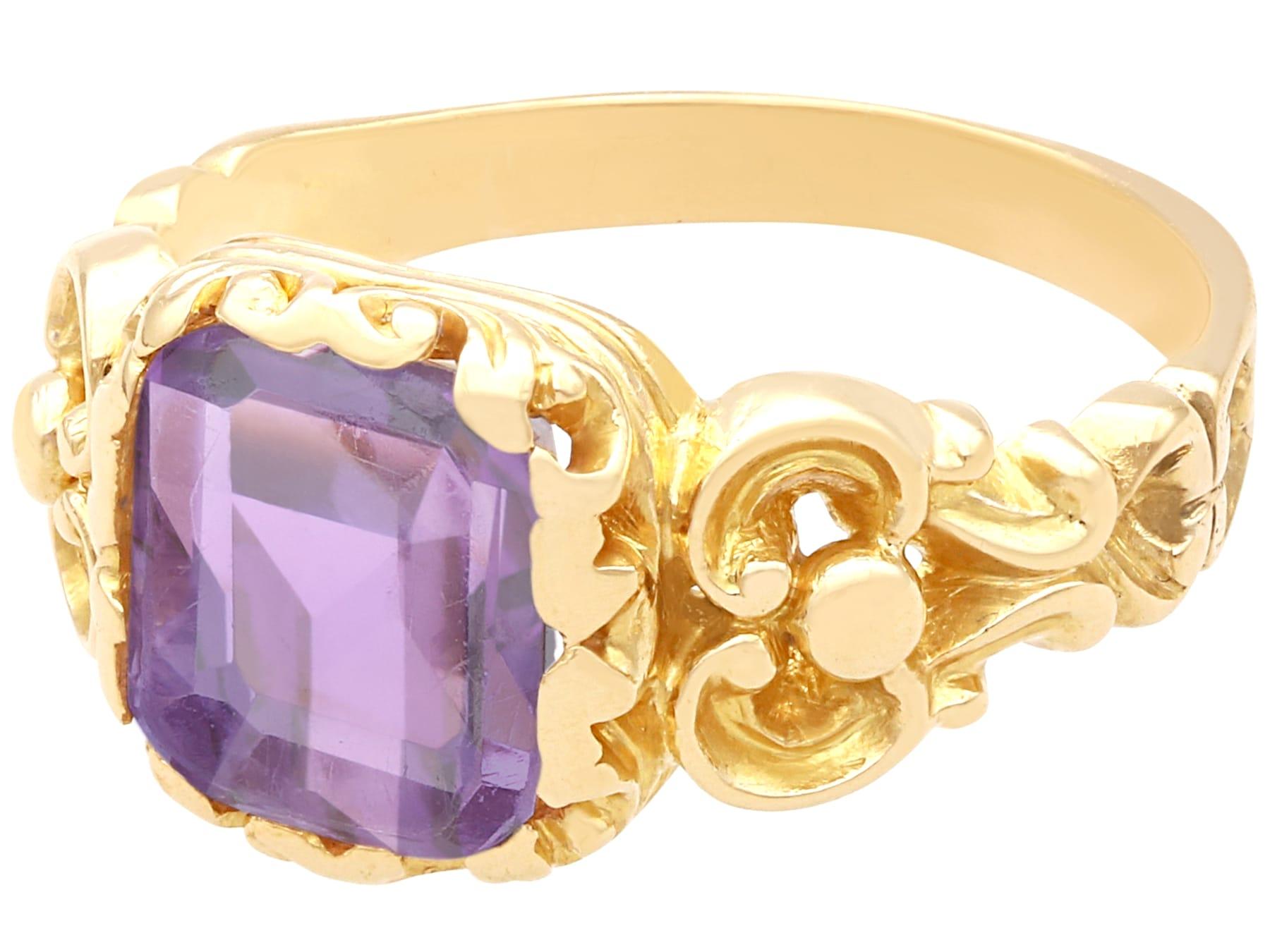Emerald Cut Antique 2.28Ct Amethyst and 15k Yellow Gold Ring Circa 1840 For Sale