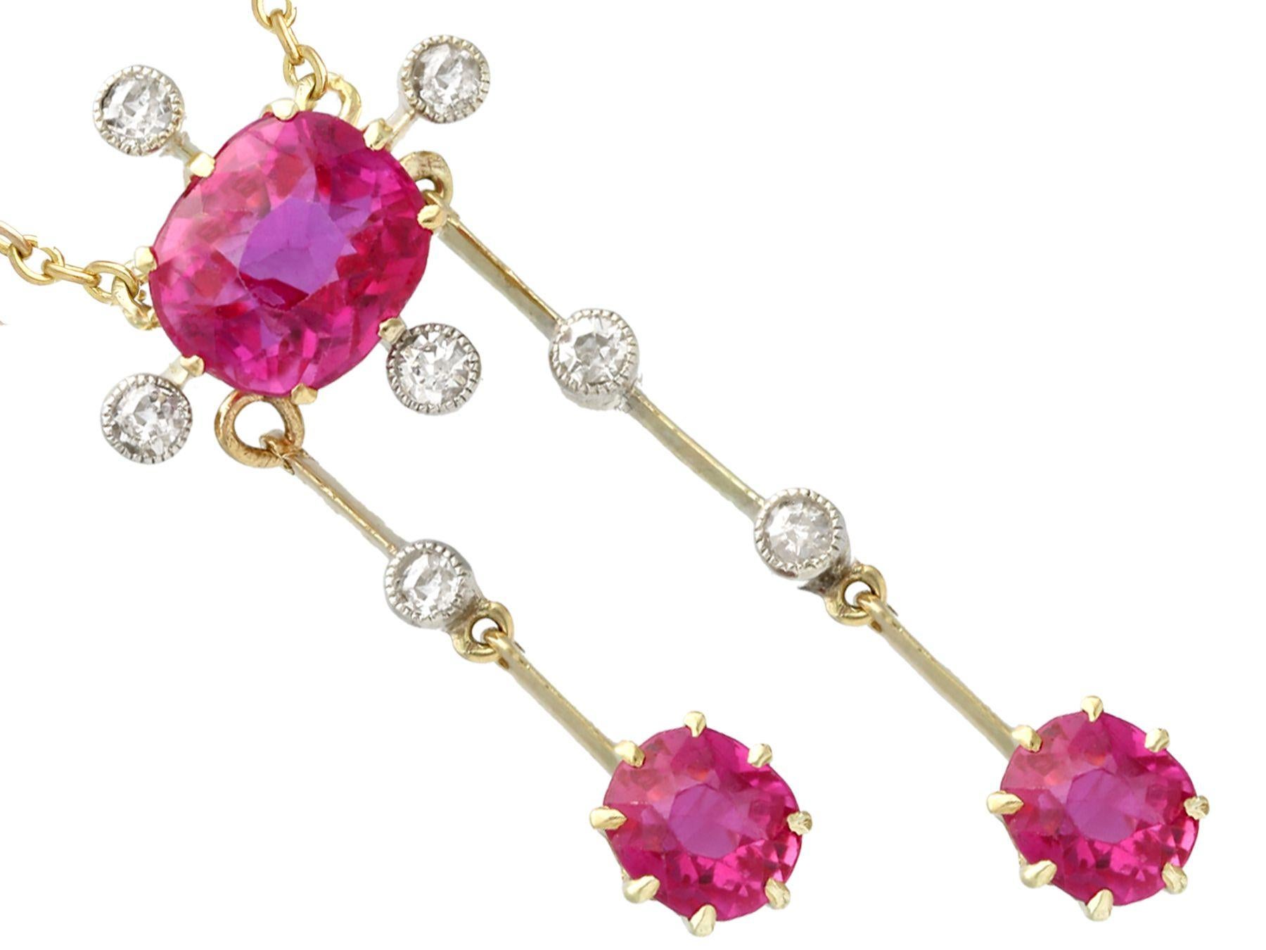 Round Cut Antique 2.29 Carat Ruby and Diamond Yellow Gold Necklace, circa 1900