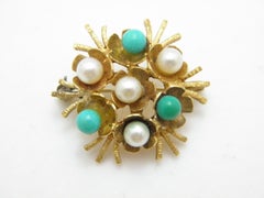 Antique 22ct Gold Pearl and Turquoise Spray Brooch Pin C1870 Heavy 10.3g