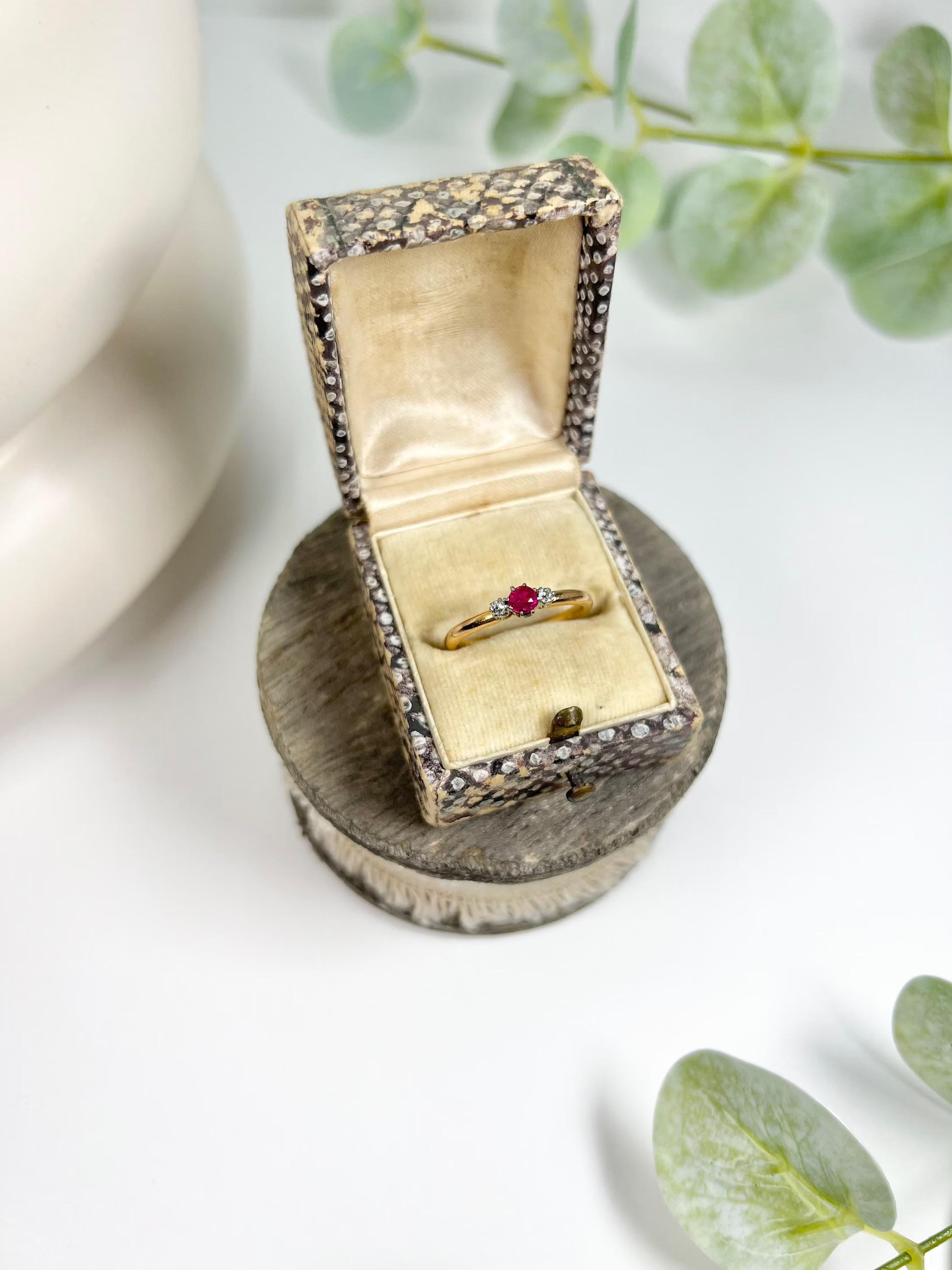 Antique 22ct Gold & Platinum Ruby Diamond Three Stone Ring For Sale 2