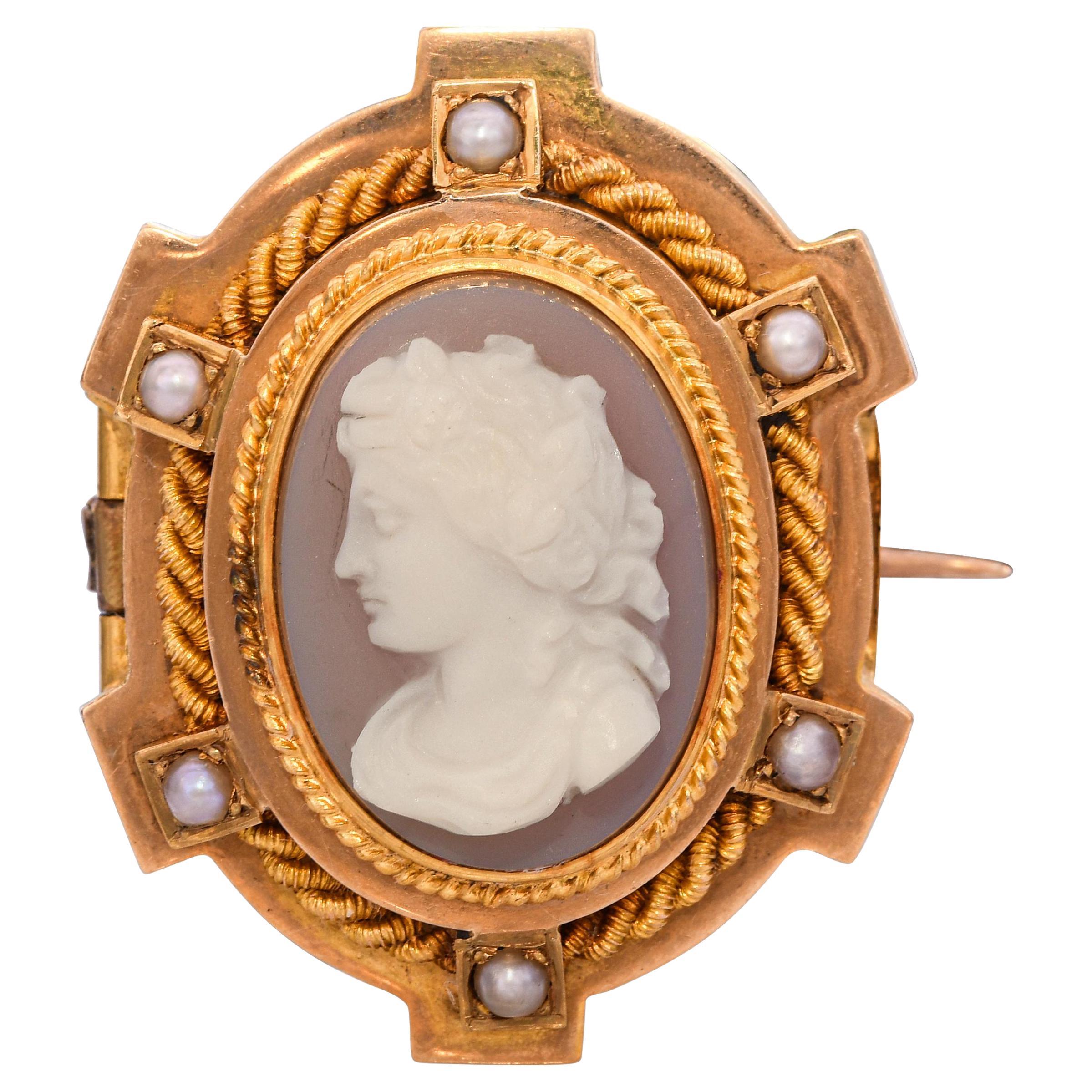 Antike 22K Gold Hartstein Kamee Saatperlen Muse Erato Brosche Pin
