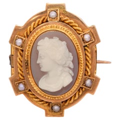 Antique 22K Gold Hardstone Cameo Seed Pearls Muse Erato Brooch Pin