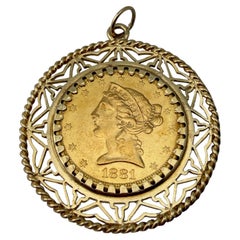 Antique 22k Yellow Gold Lady Liberty Coin Set in 14k Yellow Gold Bezel