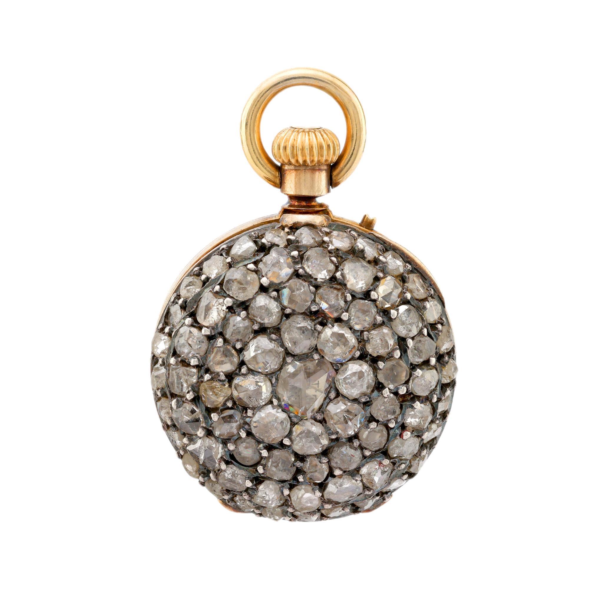 Victorian Antique 2.30 carat diamond 18k yellow gold silver covered pocket watch pendant For Sale