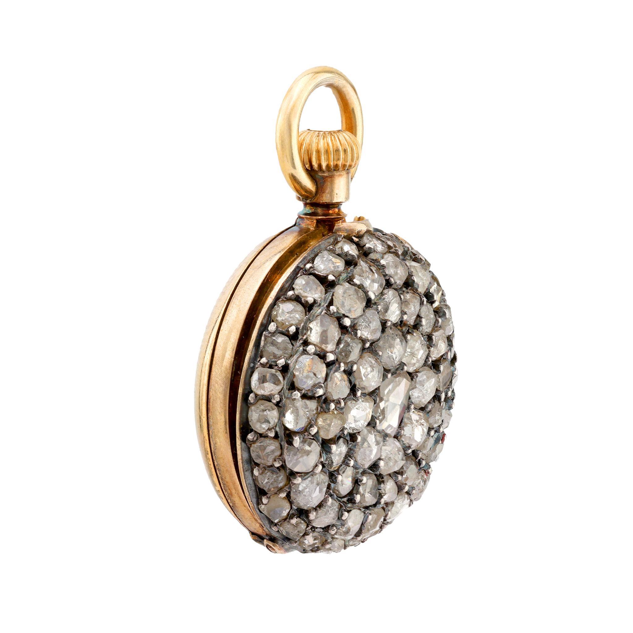 Antique 2.30 carat diamond 18k yellow gold silver covered pocket watch pendant In Excellent Condition For Sale In Beverly Hills, CA