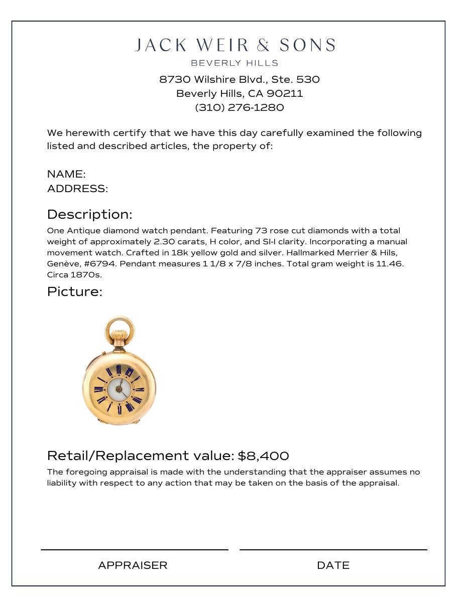 Antique 2.30 carat diamond 18k yellow gold silver covered pocket watch pendant For Sale 1