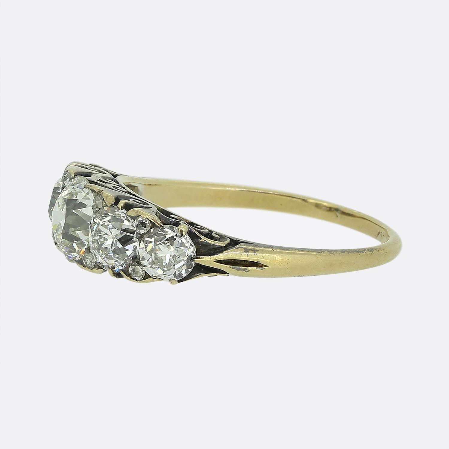 Here we have an outstanding five-stone diamond ring taken from the Victorian period. This antique piece has been crafted from 18ct yellow gold and features five round faceted old European cut diamonds which graduate in size towards the centre. Each