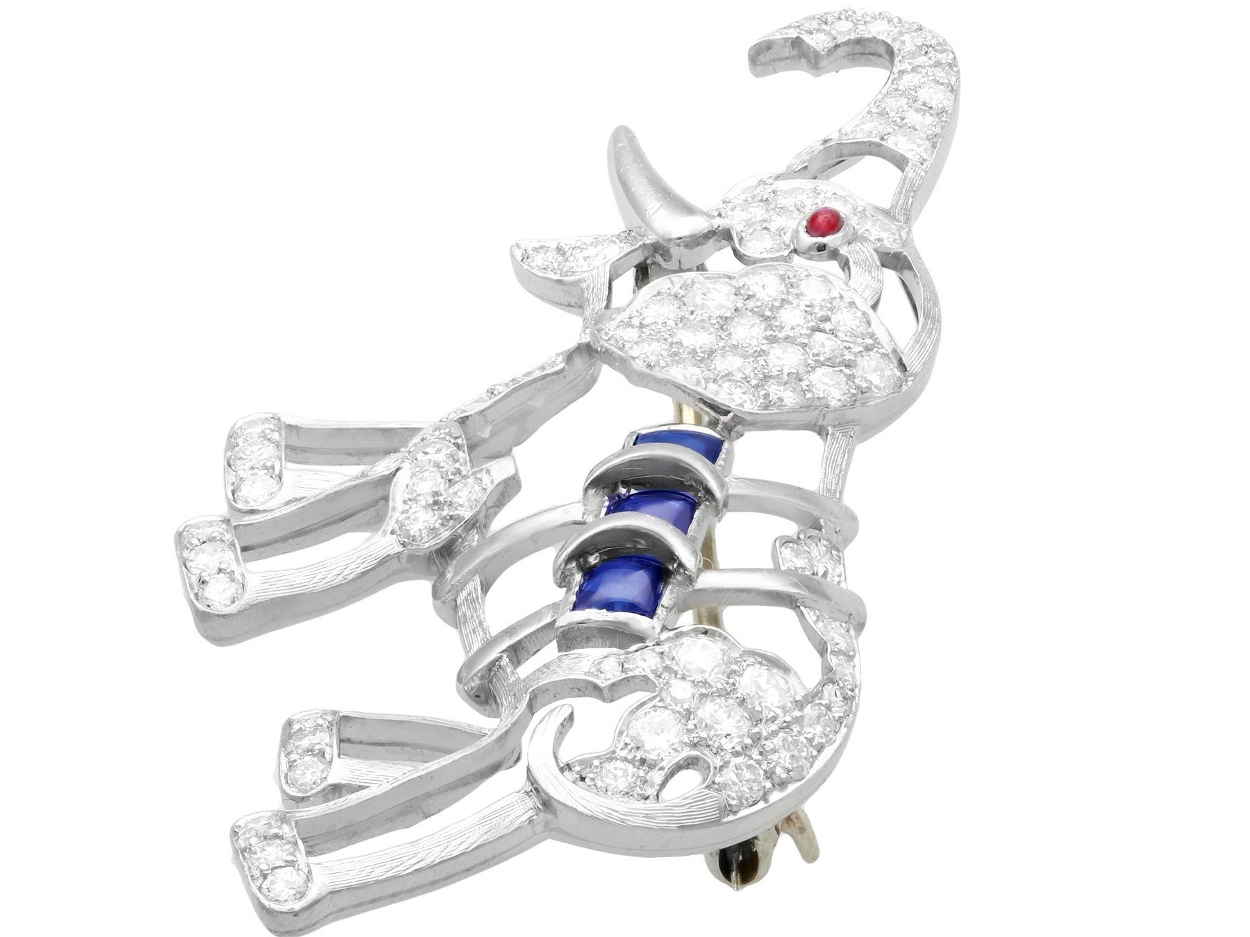 Cabochon Antique 2.30 Carat Diamond Sapphire and Ruby Platinum Elephant Brooch For Sale