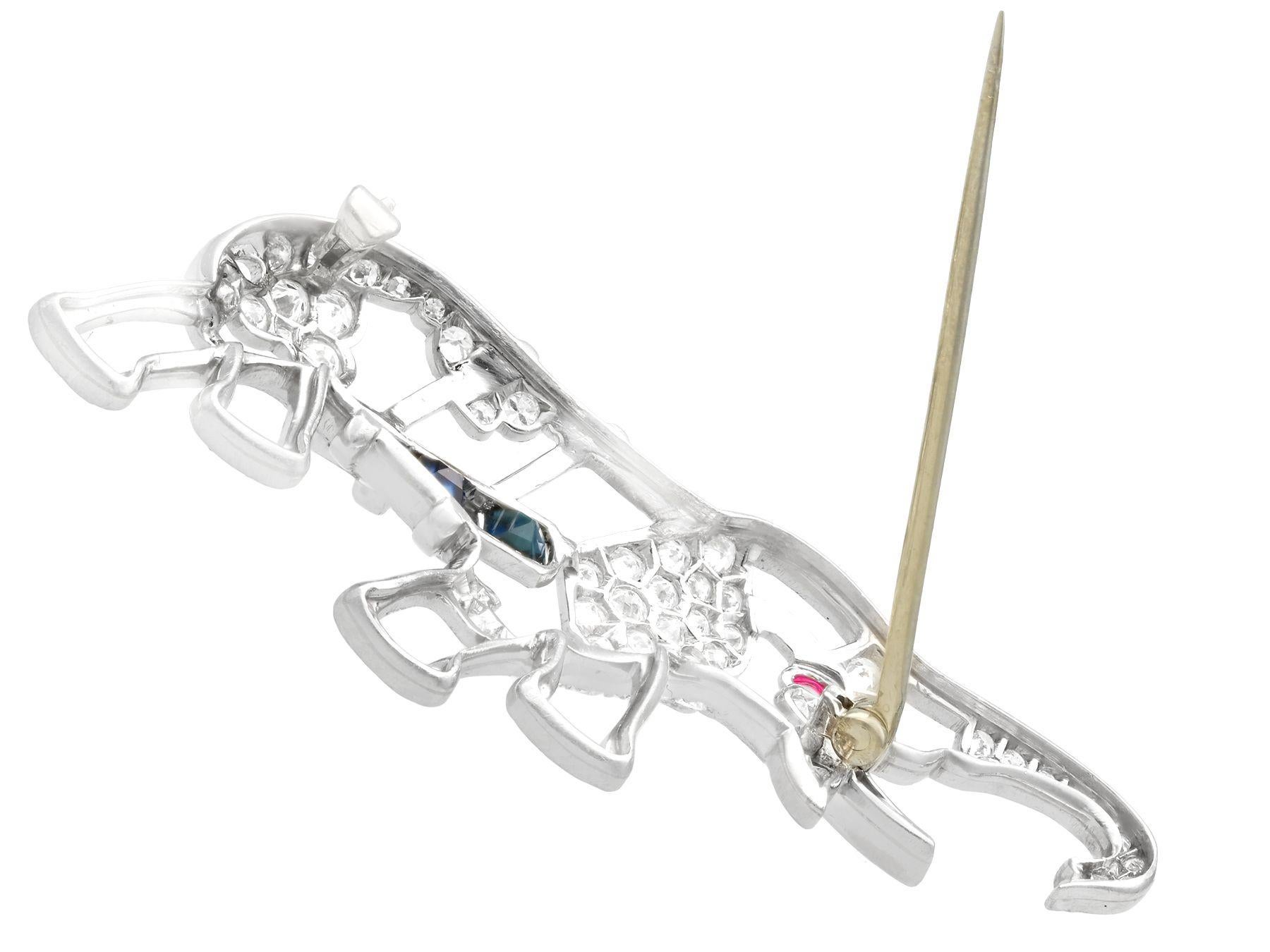 Women's or Men's Antique 2.30 Carat Diamond Sapphire and Ruby Platinum Elephant Brooch For Sale
