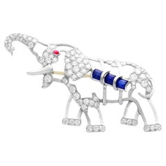 Antique 2.30 Carat Diamond Sapphire and Ruby Platinum Elephant Brooch